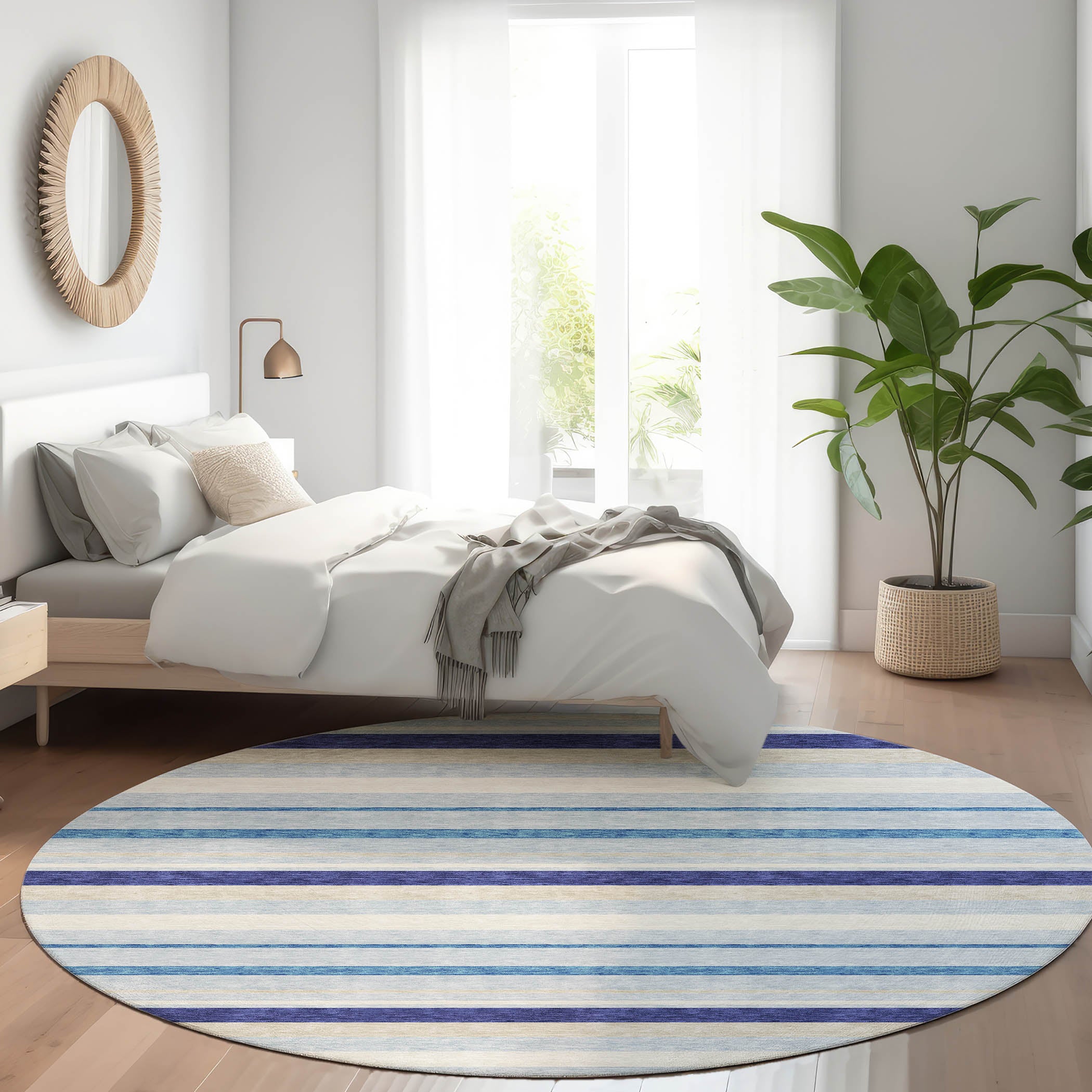 Bangkok Machine Washable Transitional Blue Rug 8' x 8' #shape_Round