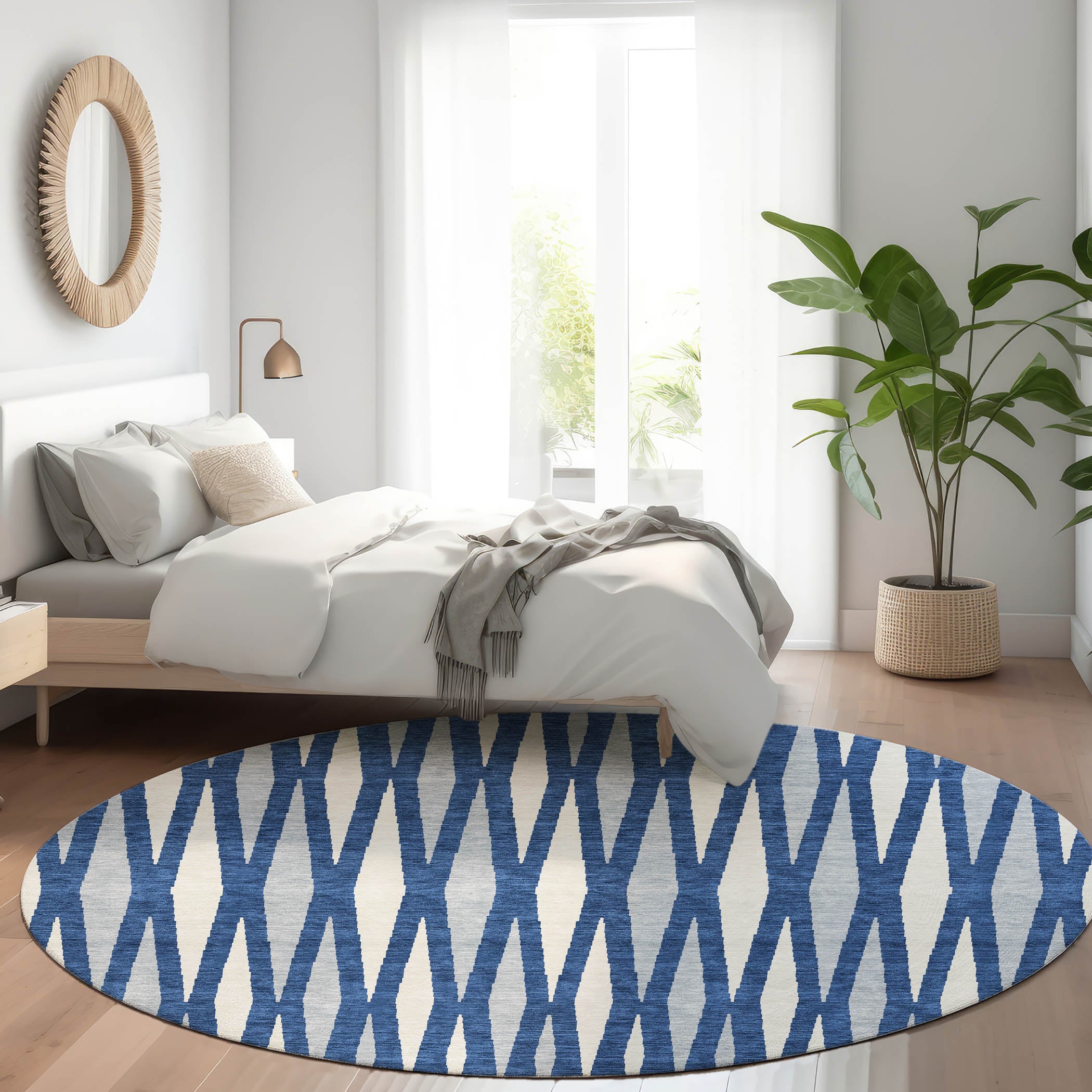 Zanzibar Machine Washable Transitional Navy Blue Rug 8' x 8' #shape_Round