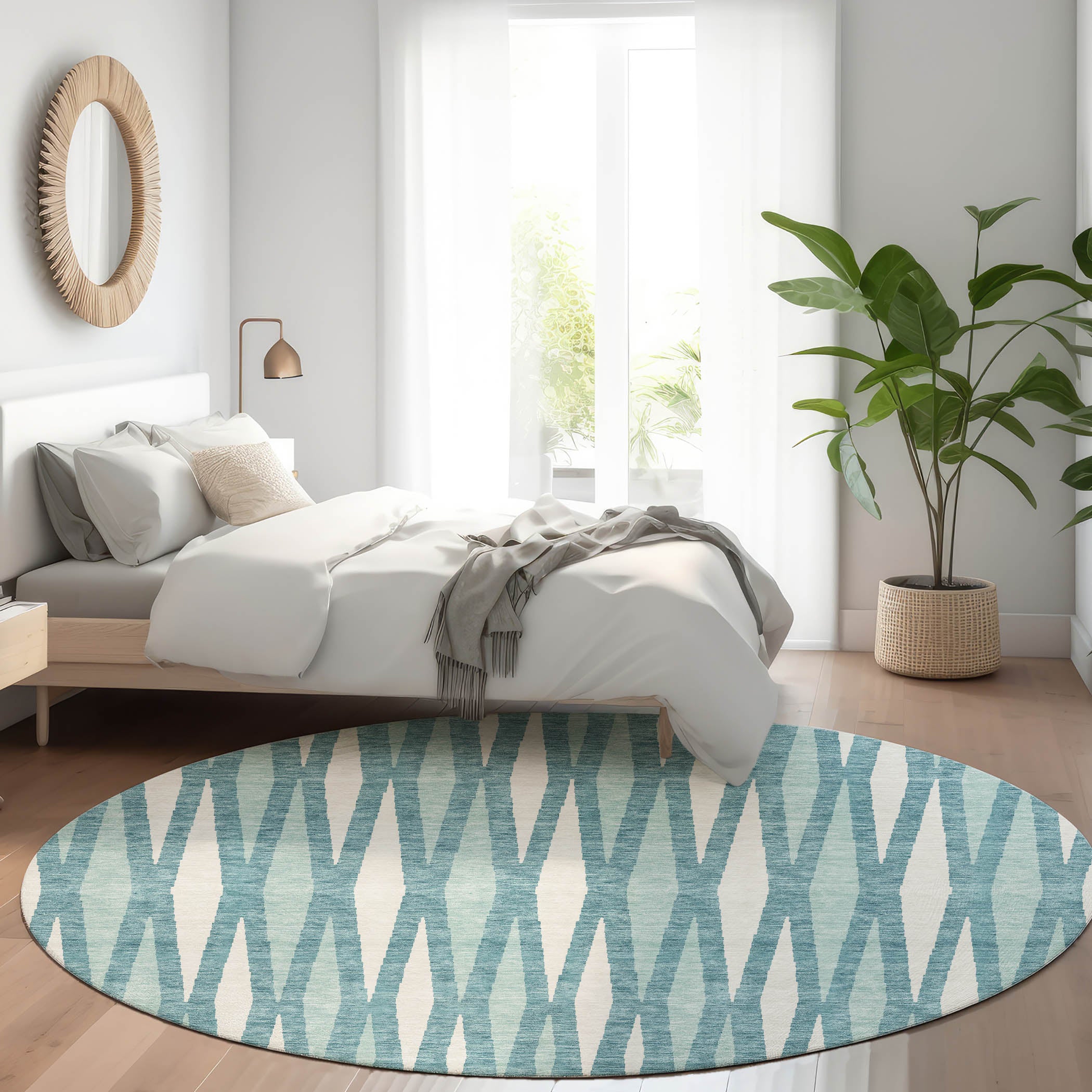 Zanzibar Machine Washable Transitional Teal Rug 8' x 8' #shape_Round