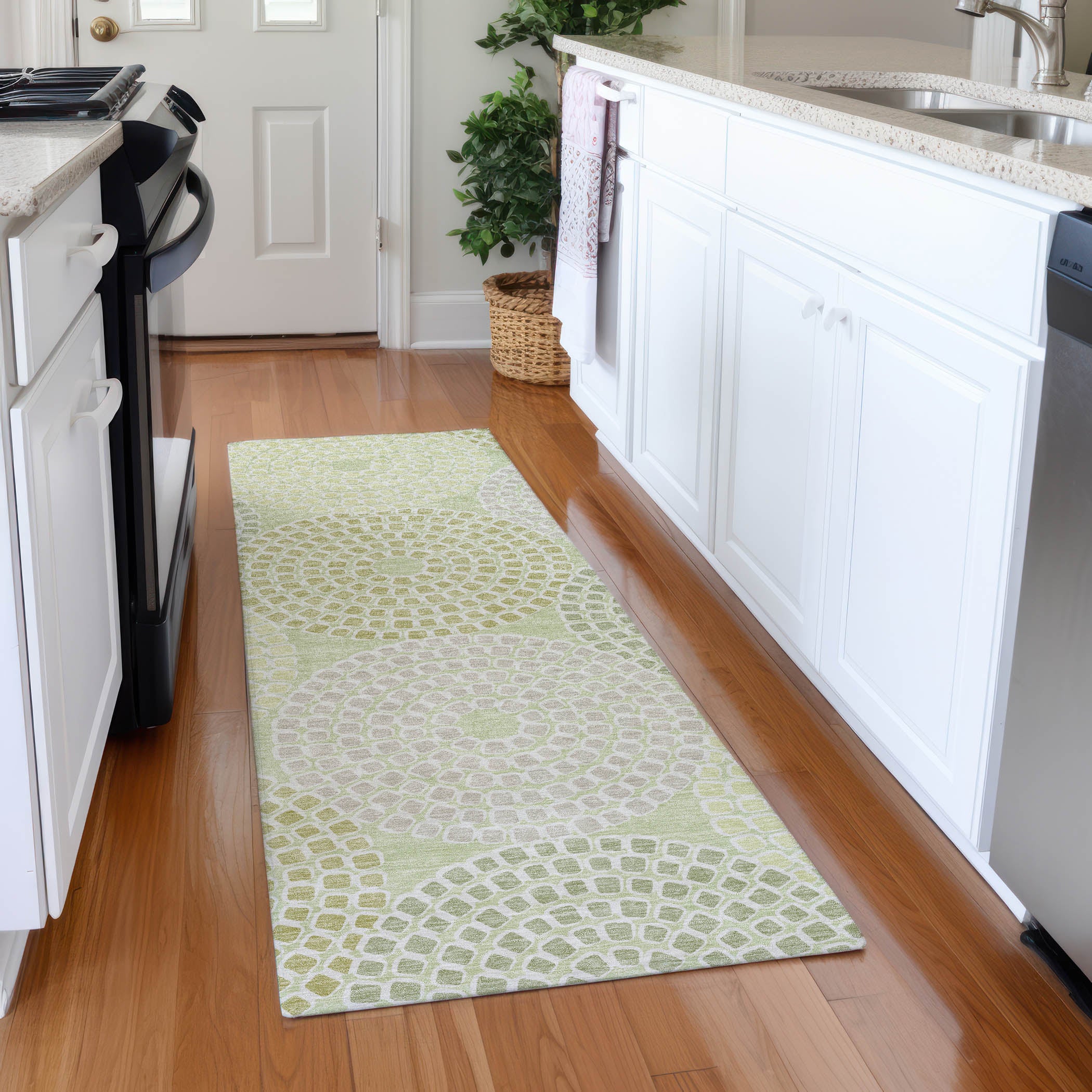 Colombo Machine Washable Transitional Mint Green Rug 2'3" x 7'6" #shape_Runner