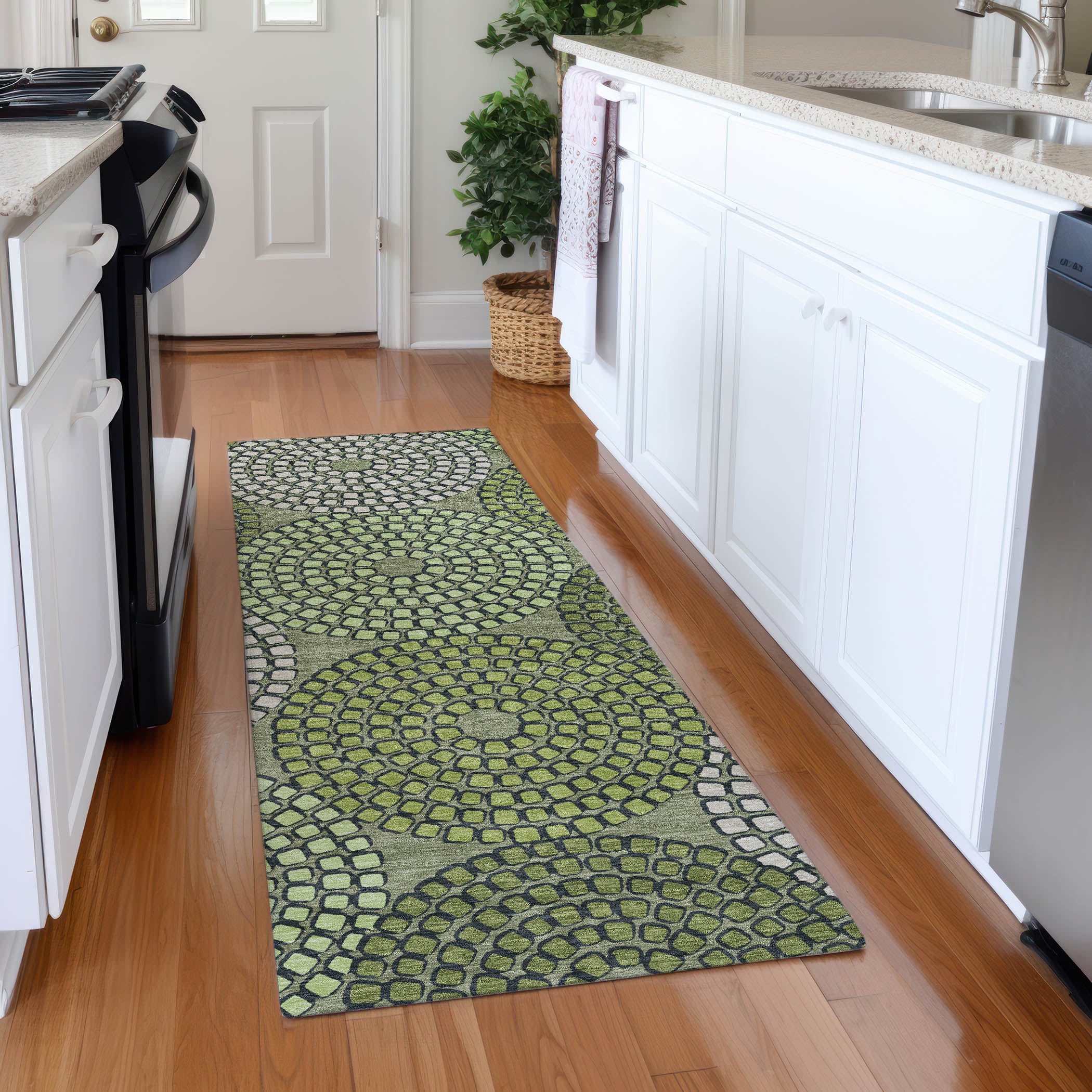 Colombo Machine Washable Transitional Olive Green Rug 2'3" x 7'6" #shape_Runner