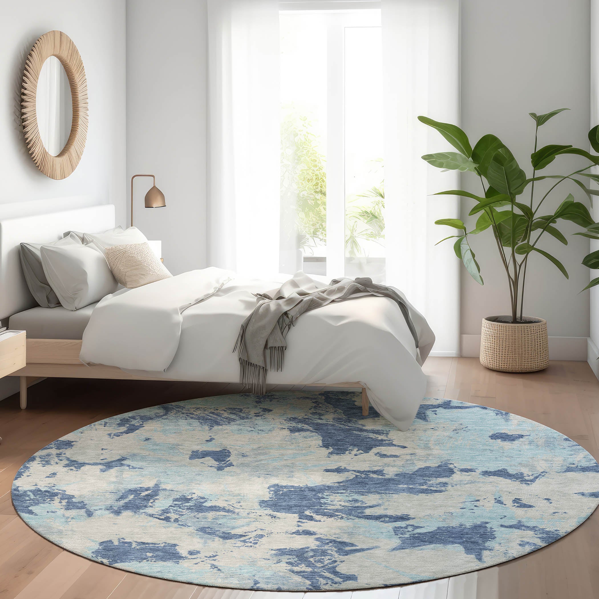Bangkok Machine Washable Transitional Navy Blue Rug 8' x 8' #shape_Round