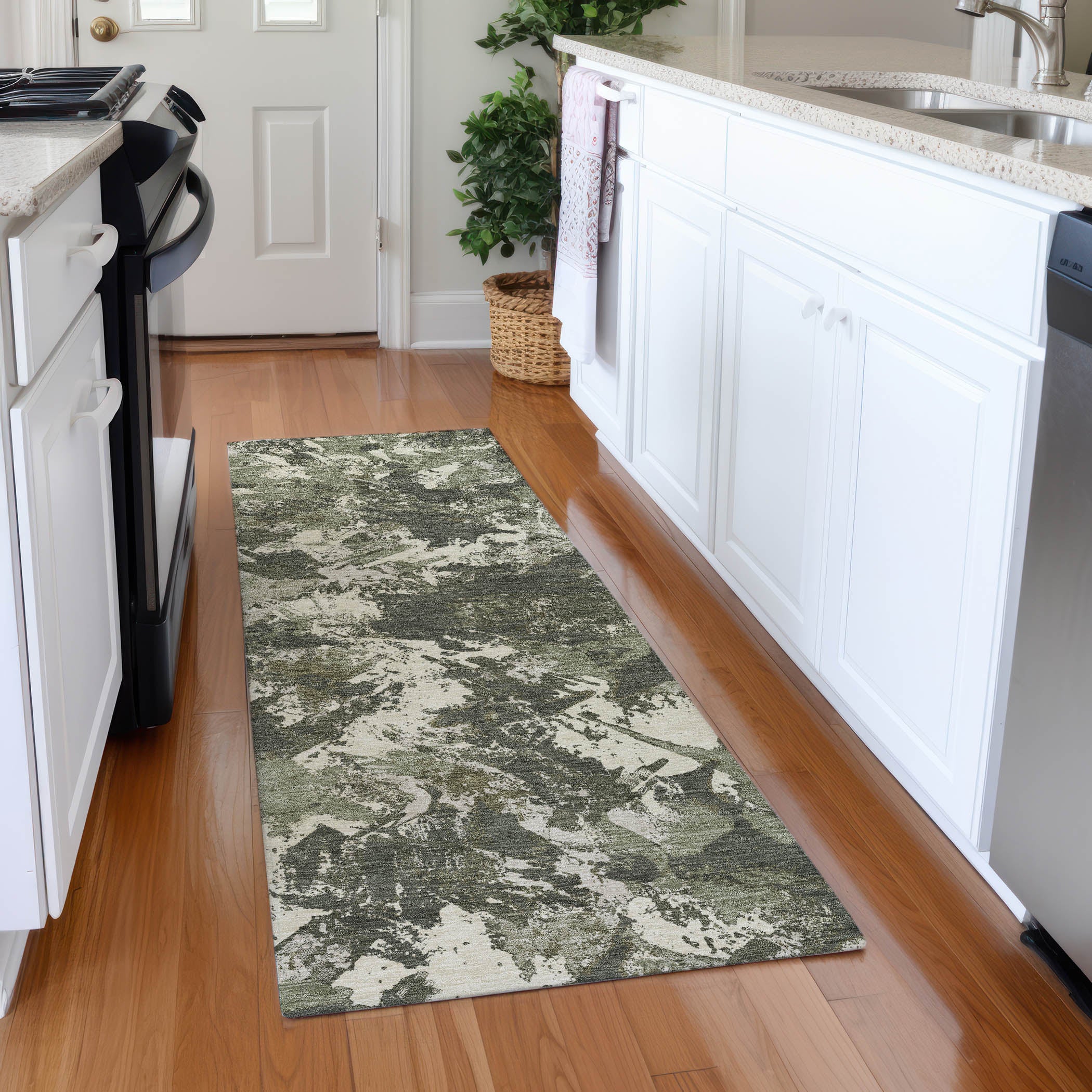 Bangkok Machine Washable Transitional Olive Green Rug 2'3" x 7'6" #shape_Runner