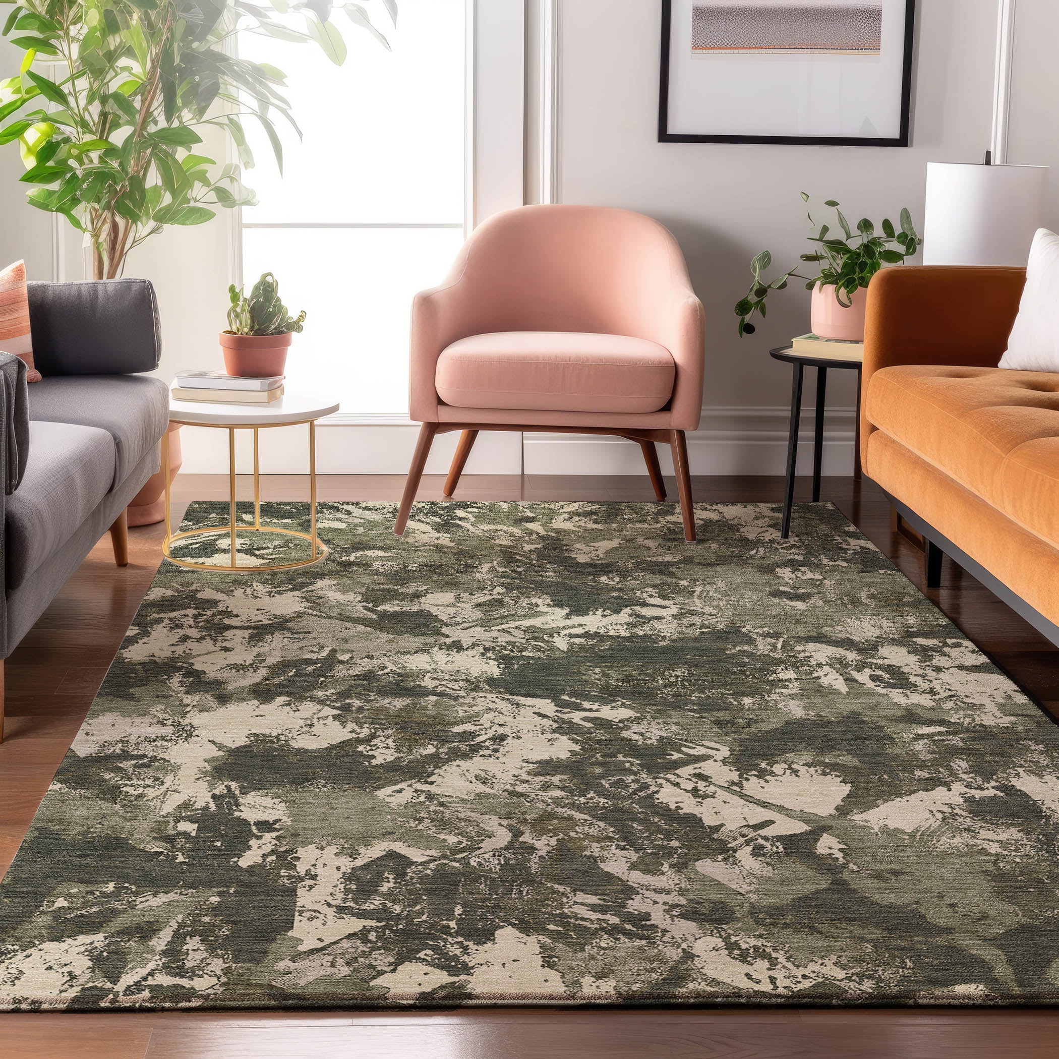 Bangkok Machine Washable Transitional Olive Green Rug 2'6" x 3'10" #shape_Rectangle