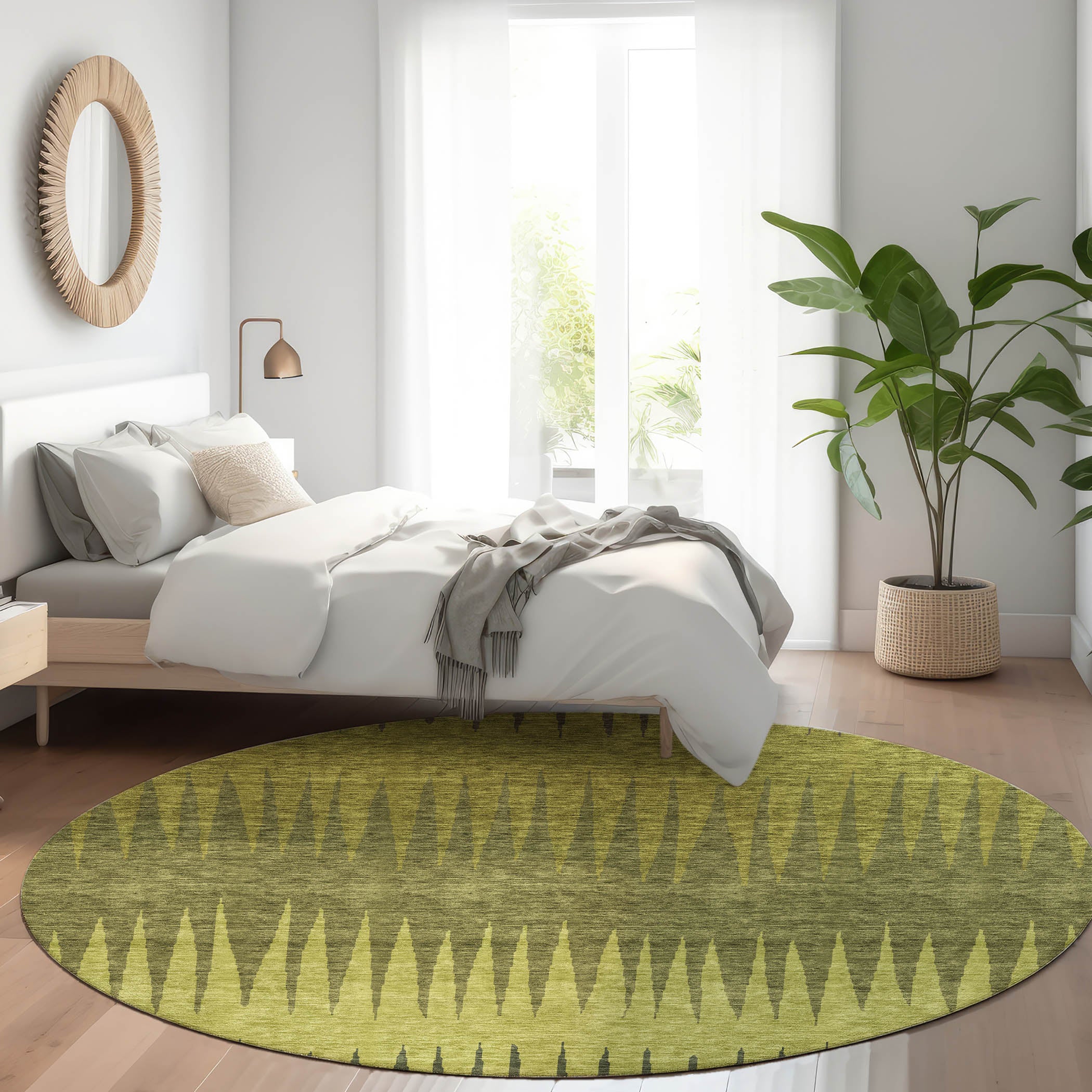 Oaxaca Machine Washable Transitional Olive Green Rug 8' x 8' #shape_Round