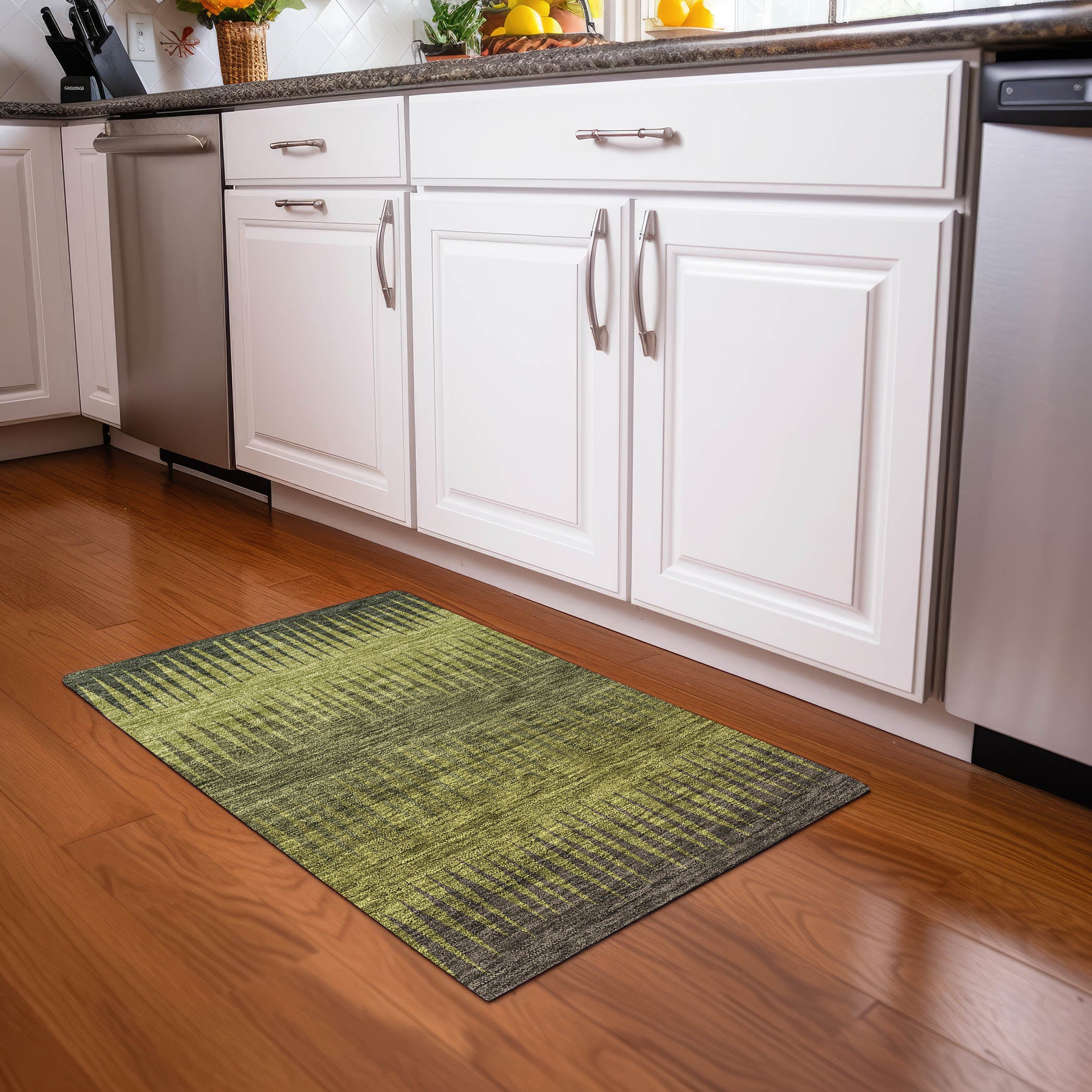 Oaxaca Machine Washable Transitional Olive Green Rug 1'8" x 2'6" #shape_Rectangle