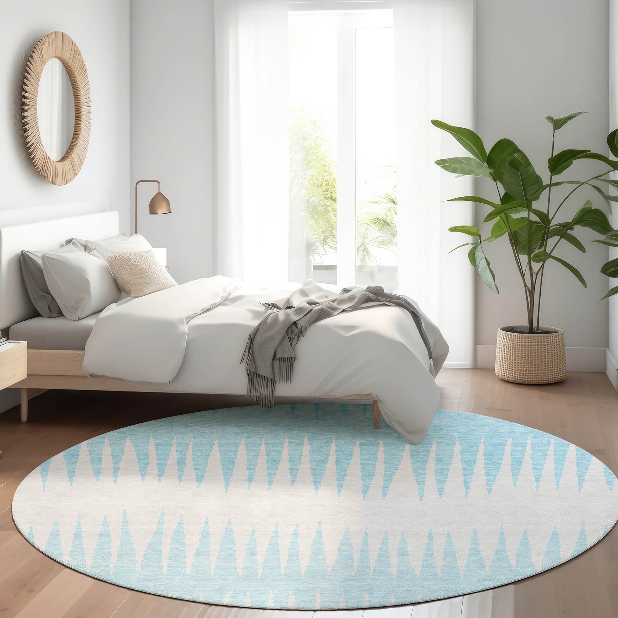 Oaxaca Machine Washable Transitional Sky Blue Rug 8' x 8' #shape_Round