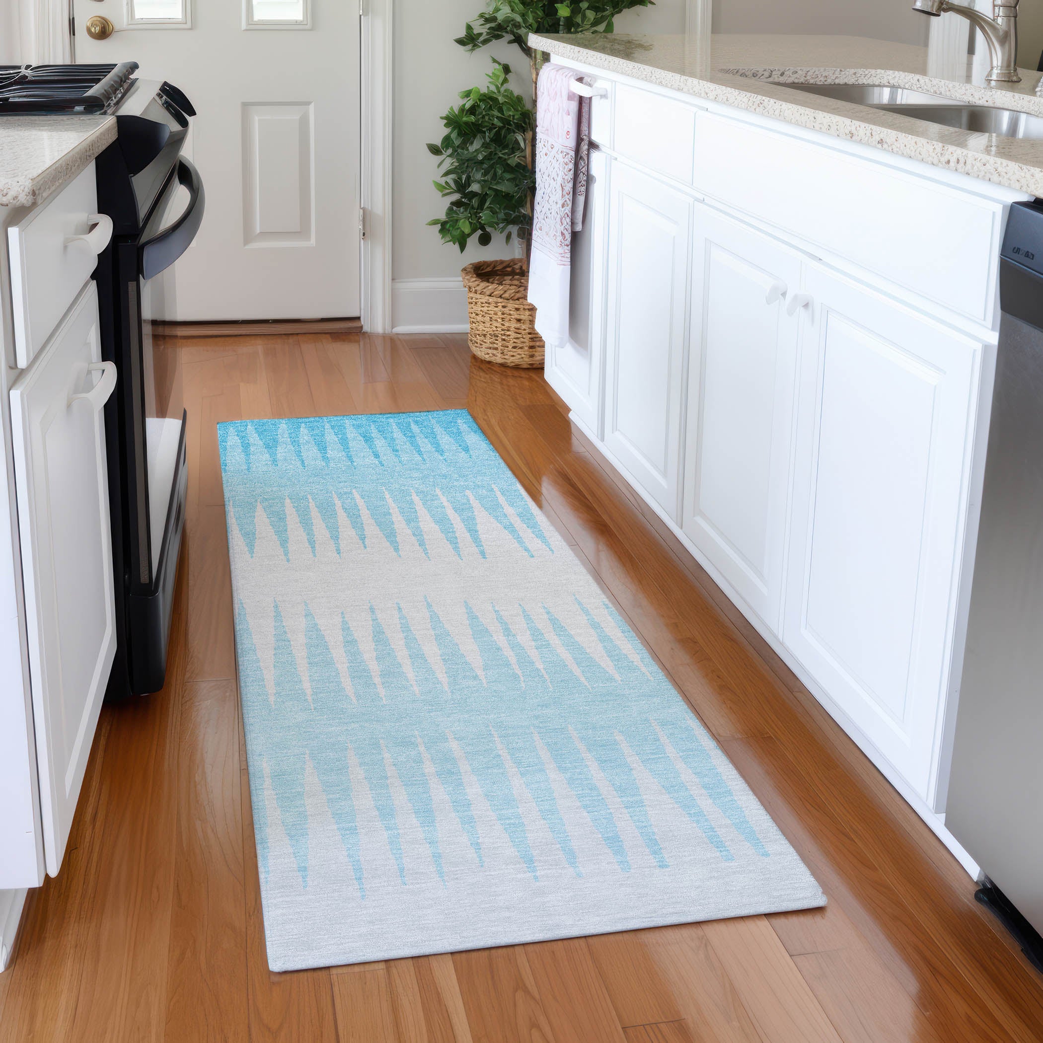Oaxaca Machine Washable Transitional Sky Blue Rug 2'3" x 7'6" #shape_Runner