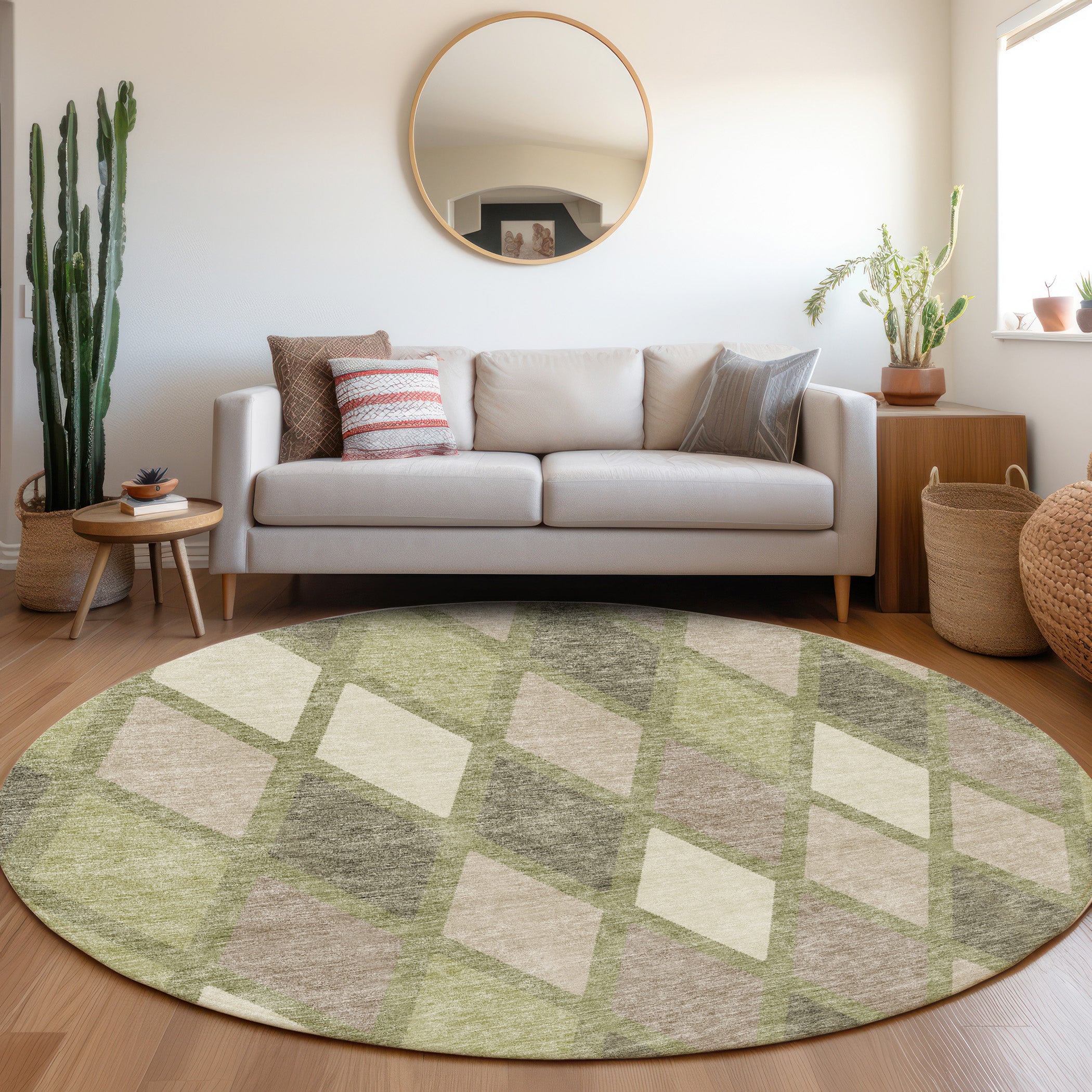 Queenstown Machine Washable Transitional Aloe Green Rug 8' x 8' #shape_Round