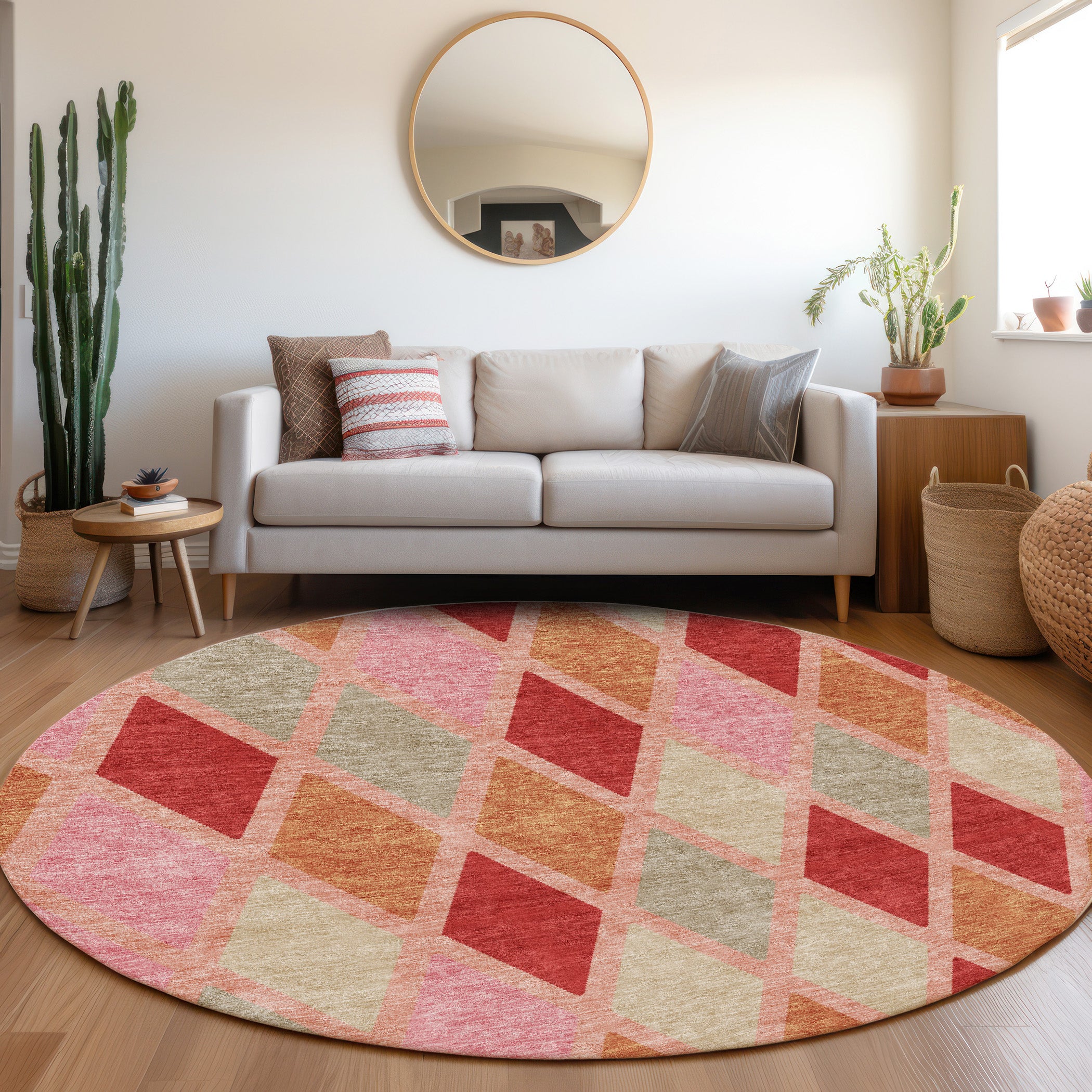 Queenstown Machine Washable Transitional Pink Rug 8' x 8' #shape_Round