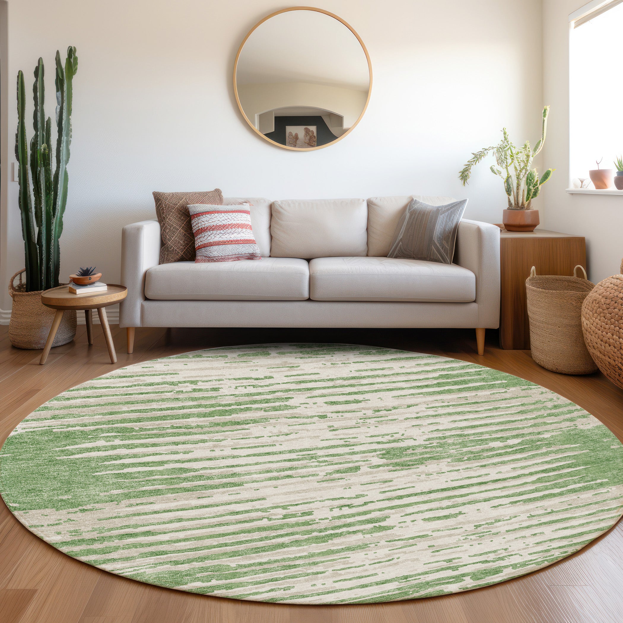 Chiang Mai Machine Washable Transitional Green Rug 8' x 8' #shape_Round