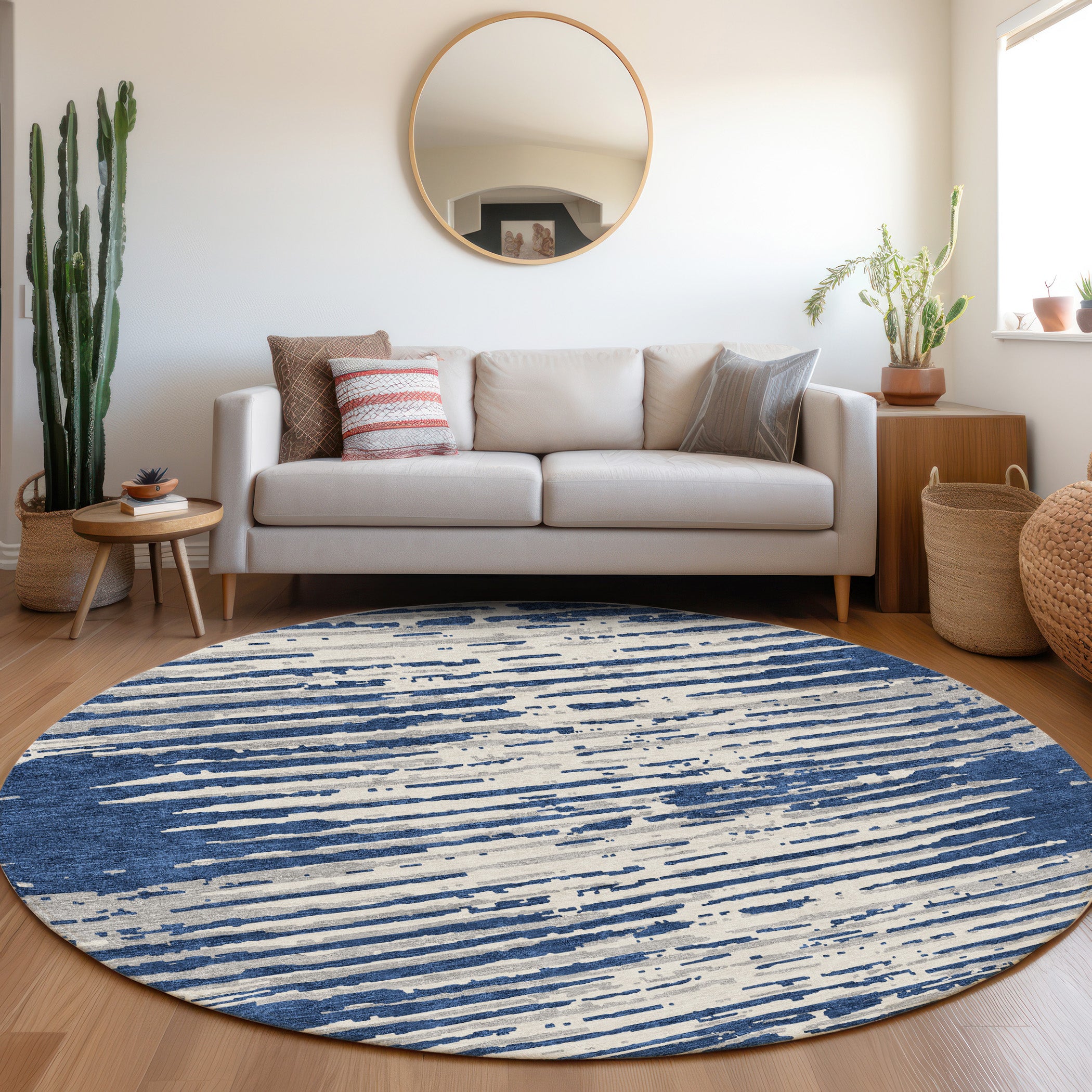 Chiang Mai Machine Washable Transitional Navy Blue Rug 8' x 8' #shape_Round