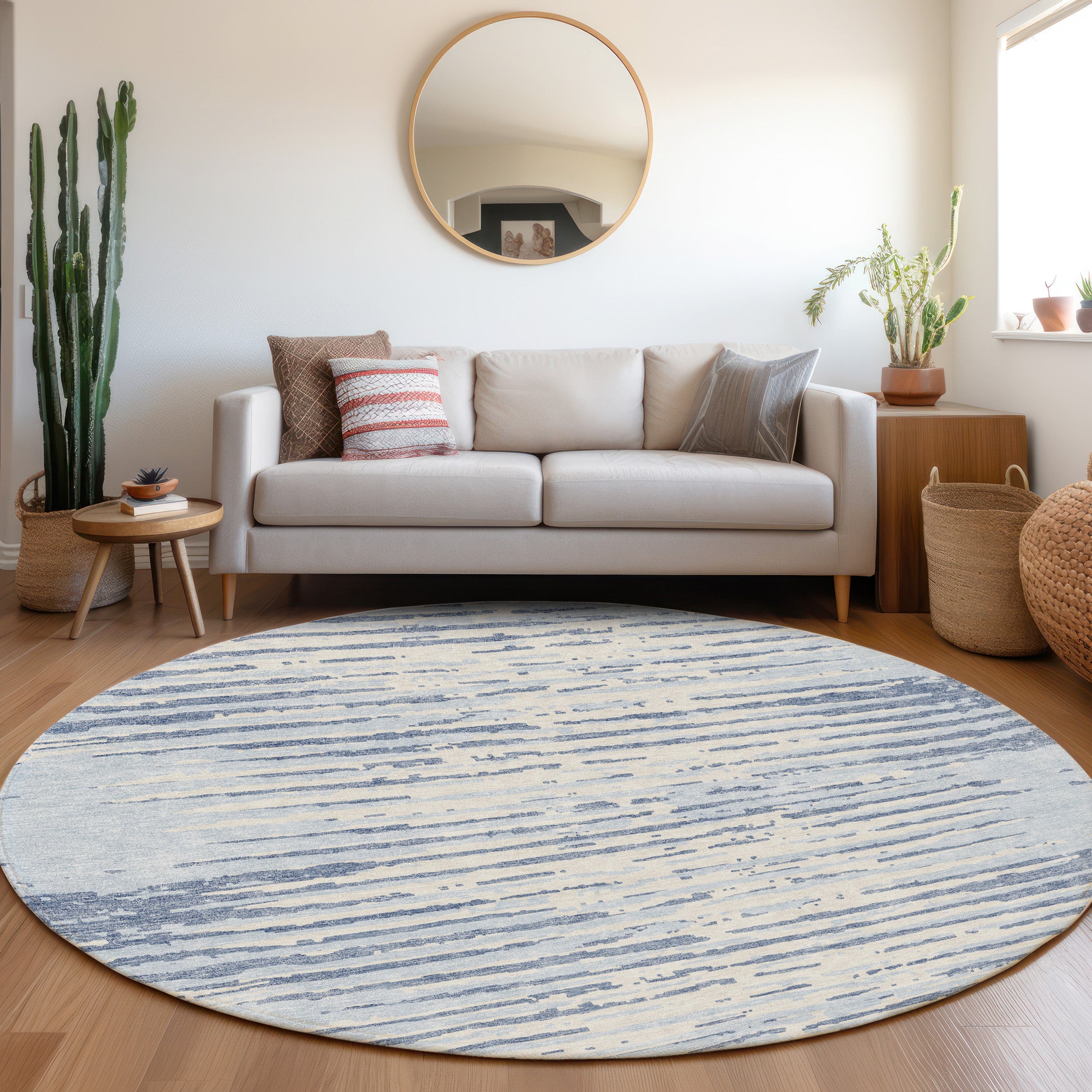 Chiang Mai Machine Washable Transitional Sky Blue Rug 8' x 8' #shape_Round