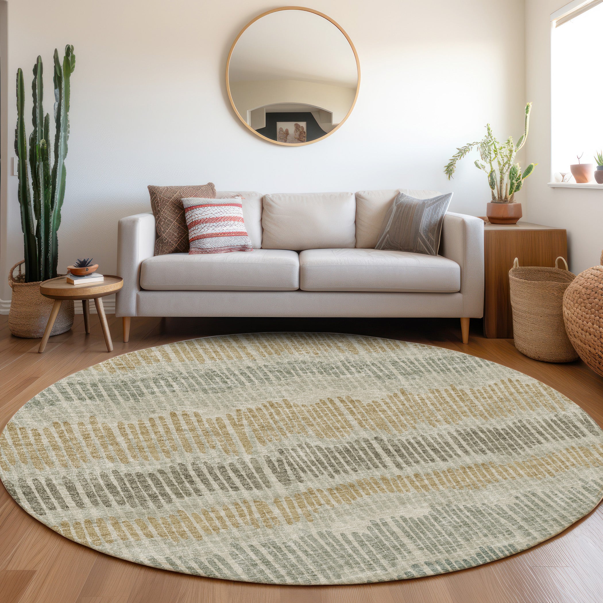 Lima Machine Washable Transitional Beige Brown Rug 8' x 8' #shape_Round