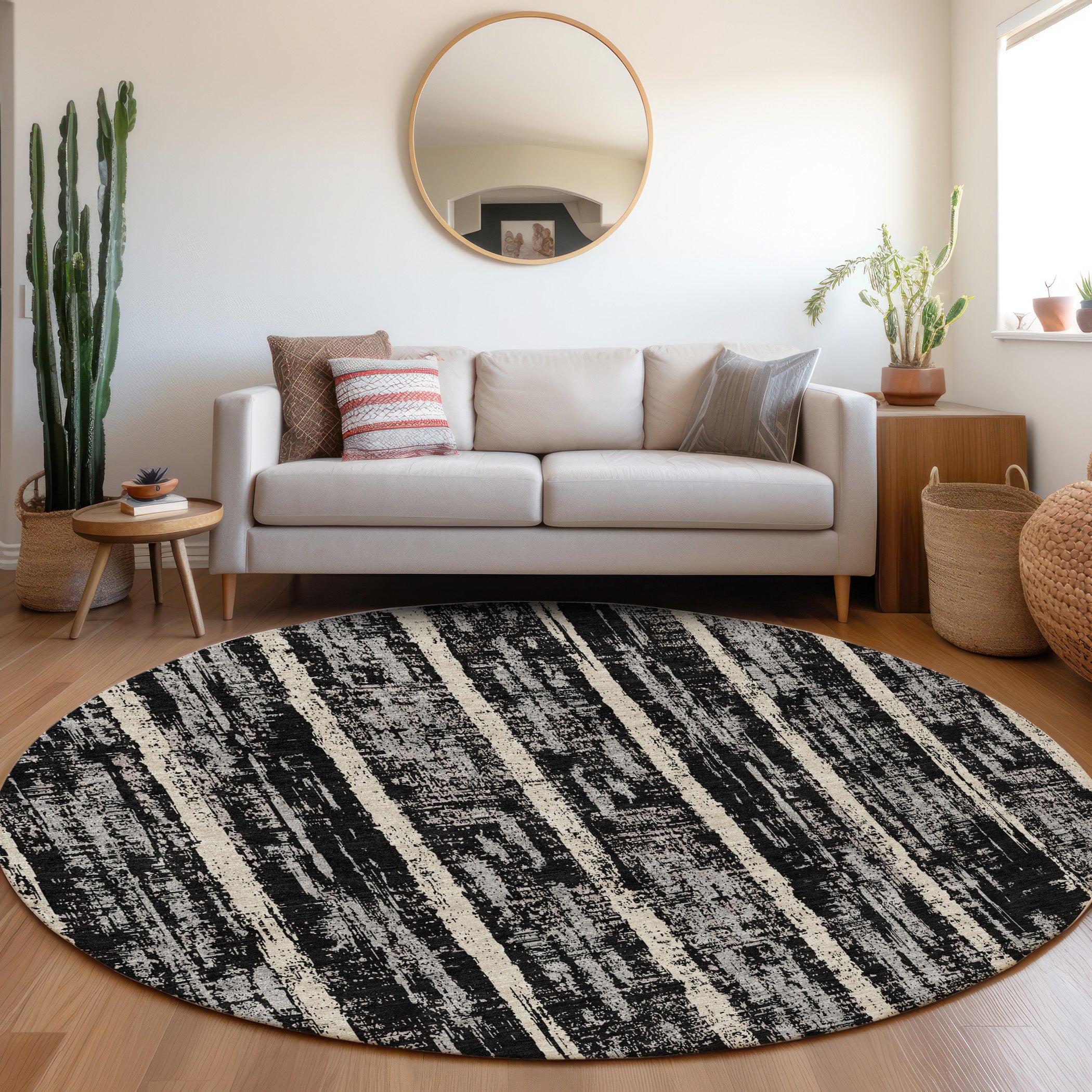 Seoul Machine Washable Transitional Black Rug 8' x 8' #shape_Round