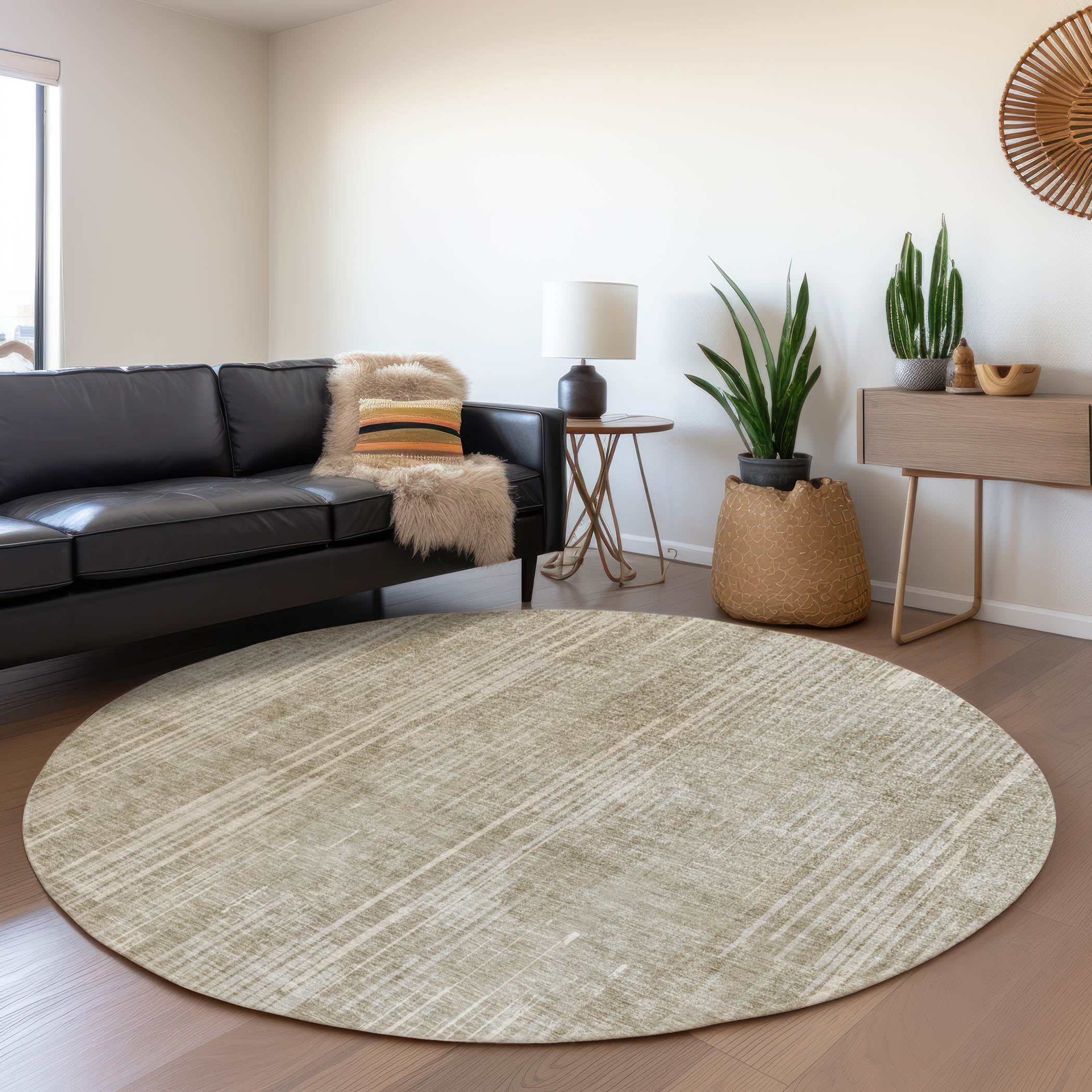 Antigua Machine Washable Transitional Beige Brown Rug 8' x 8' #shape_Round