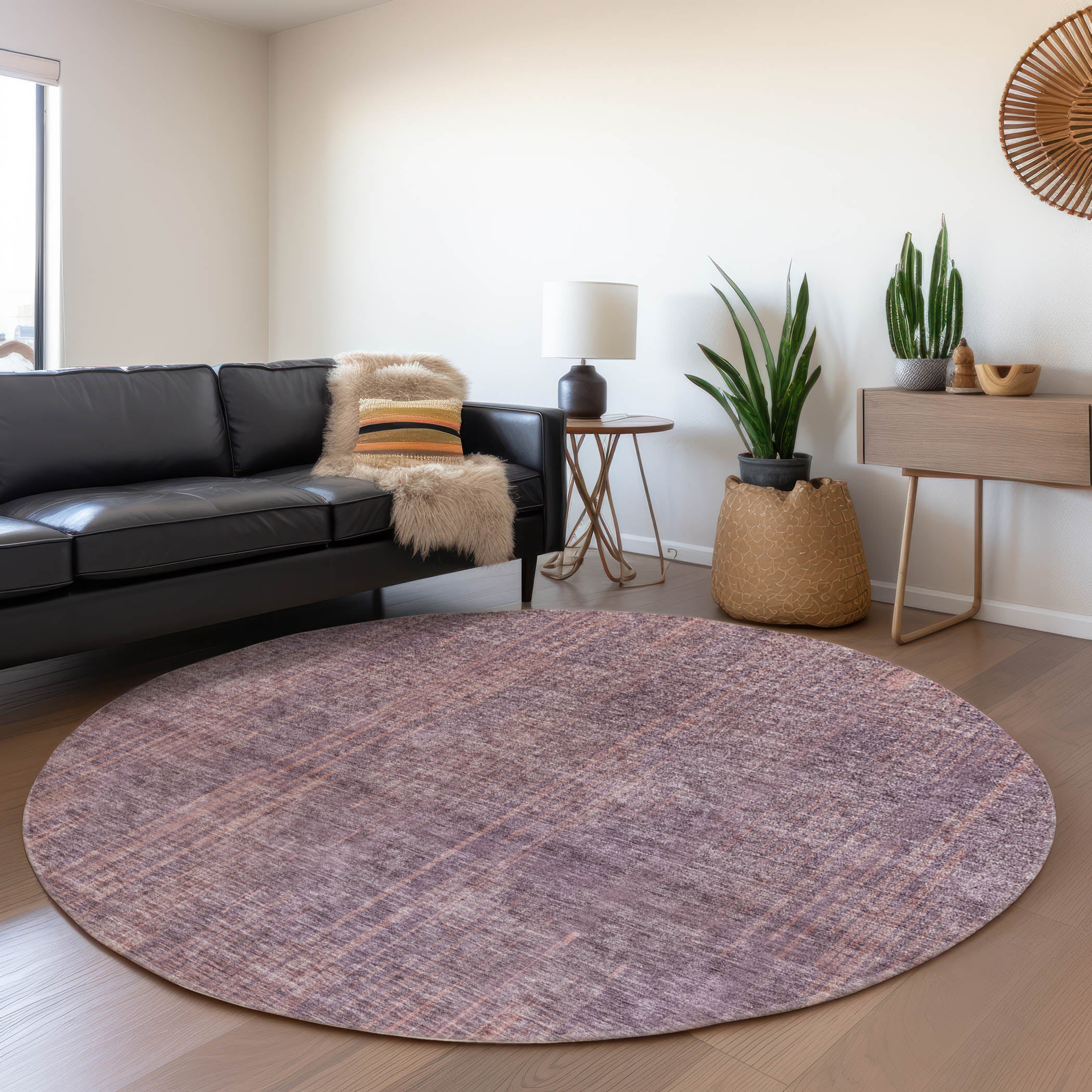 Antigua Machine Washable Transitional Mauve Pink Rug 8' x 8' #shape_Round