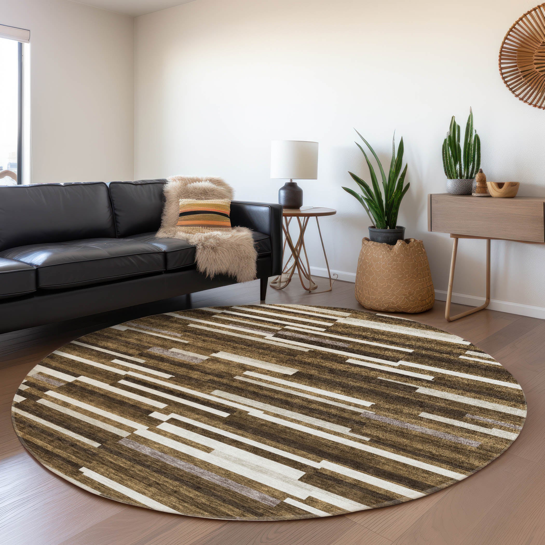 Cartagena Machine Washable Transitional Brown Rug 8' x 8' #shape_Round