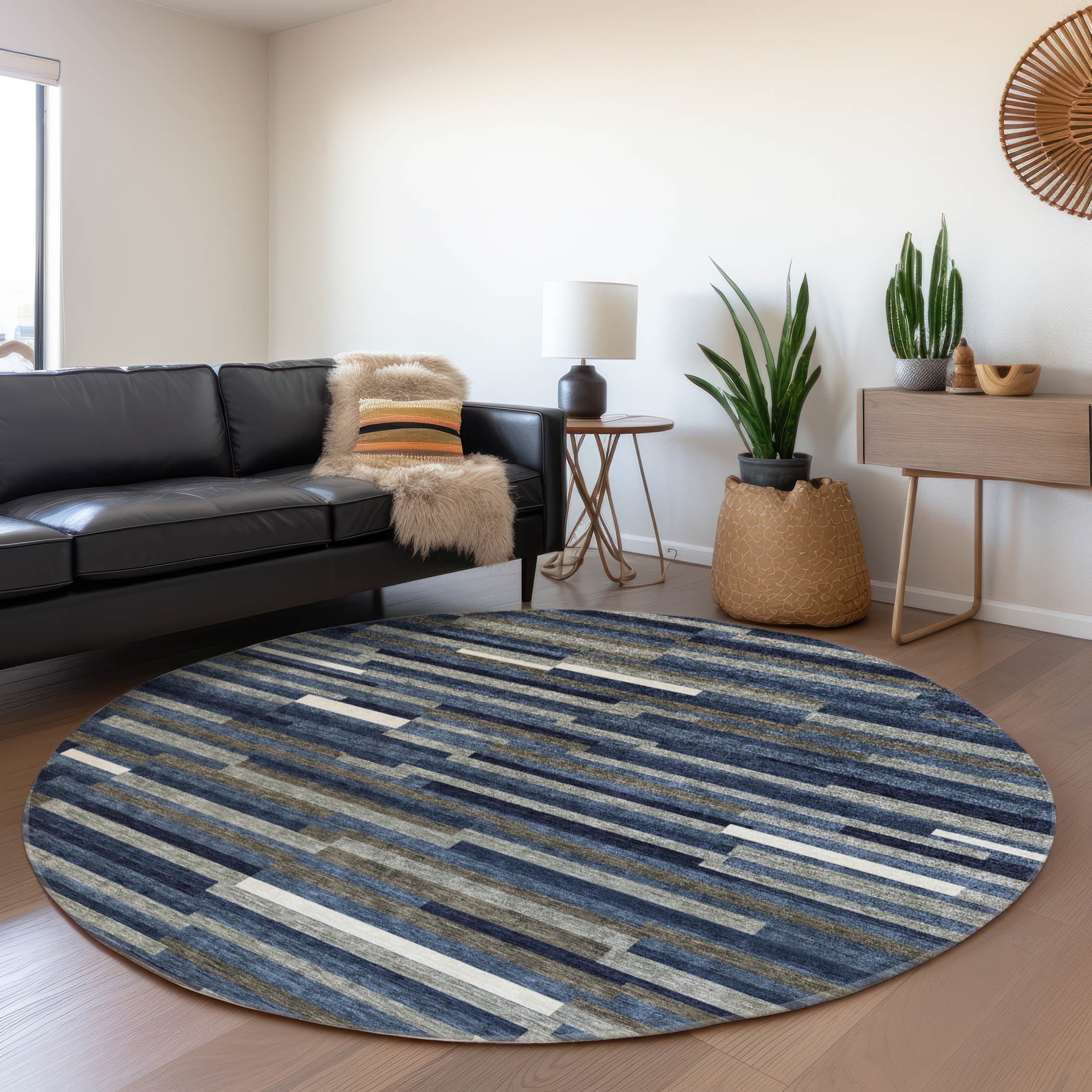 Cartagena Machine Washable Transitional Navy Blue Rug 8' x 8' #shape_Round