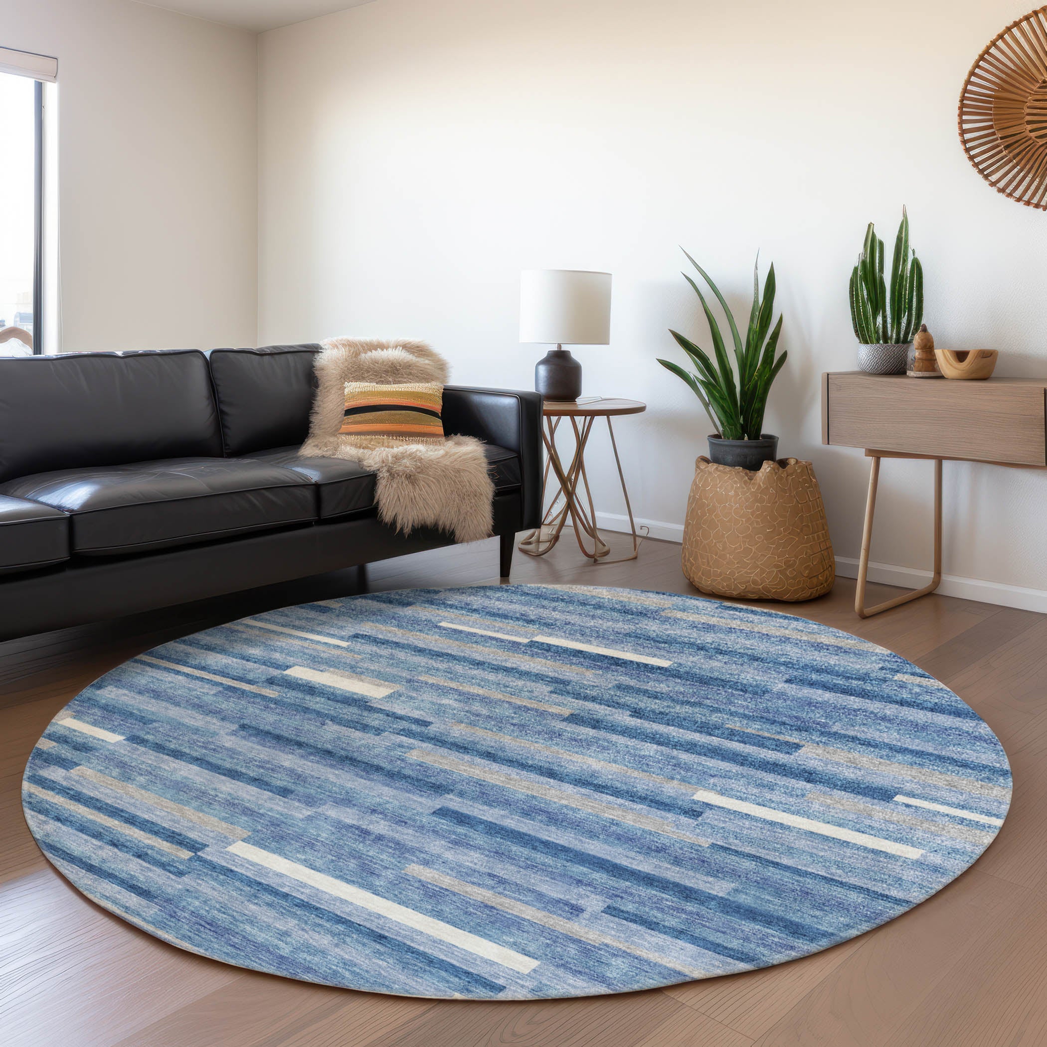 Cartagena Machine Washable Transitional Sky Blue Rug 8' x 8' #shape_Round