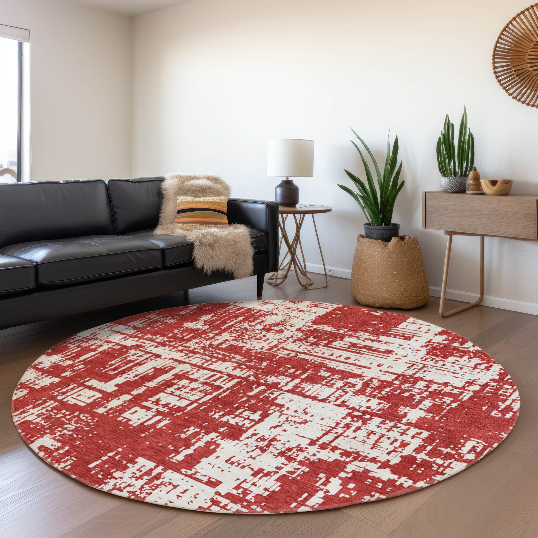 Queenstown Machine Washable Transitional Red Rug 8' x 8' #shape_Round