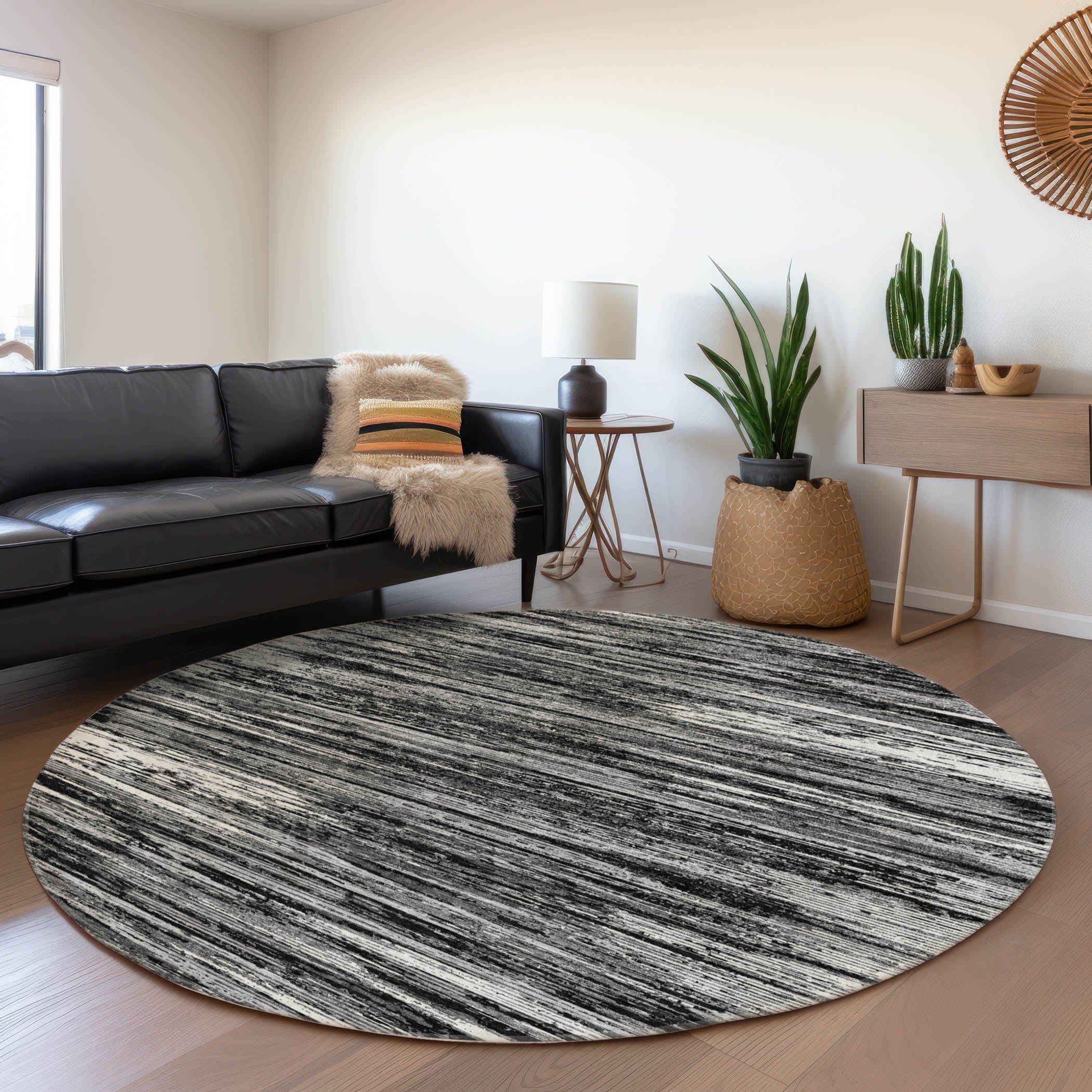 Seoul Machine Washable Transitional Black Rug 8' x 8' #shape_Round