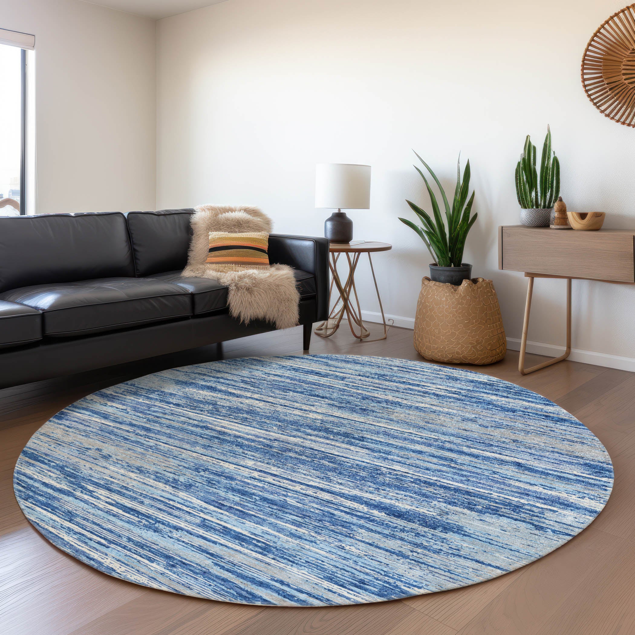 Seoul Machine Washable Transitional Blue Rug 8' x 8' #shape_Round