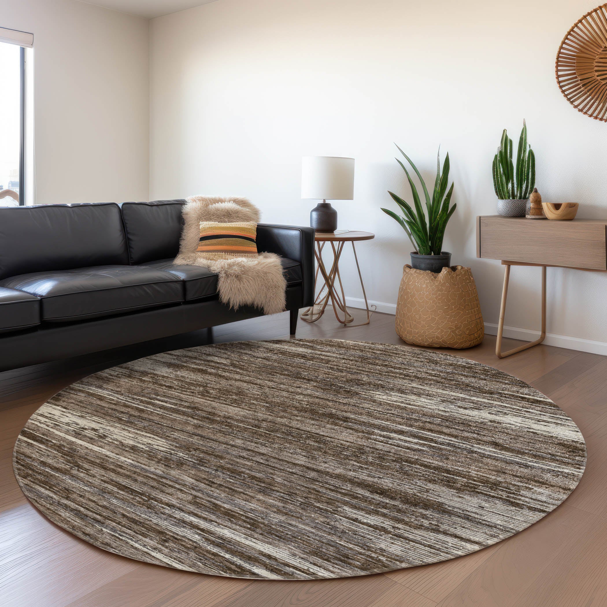 Seoul Machine Washable Transitional Brown Rug 8' x 8' #shape_Round