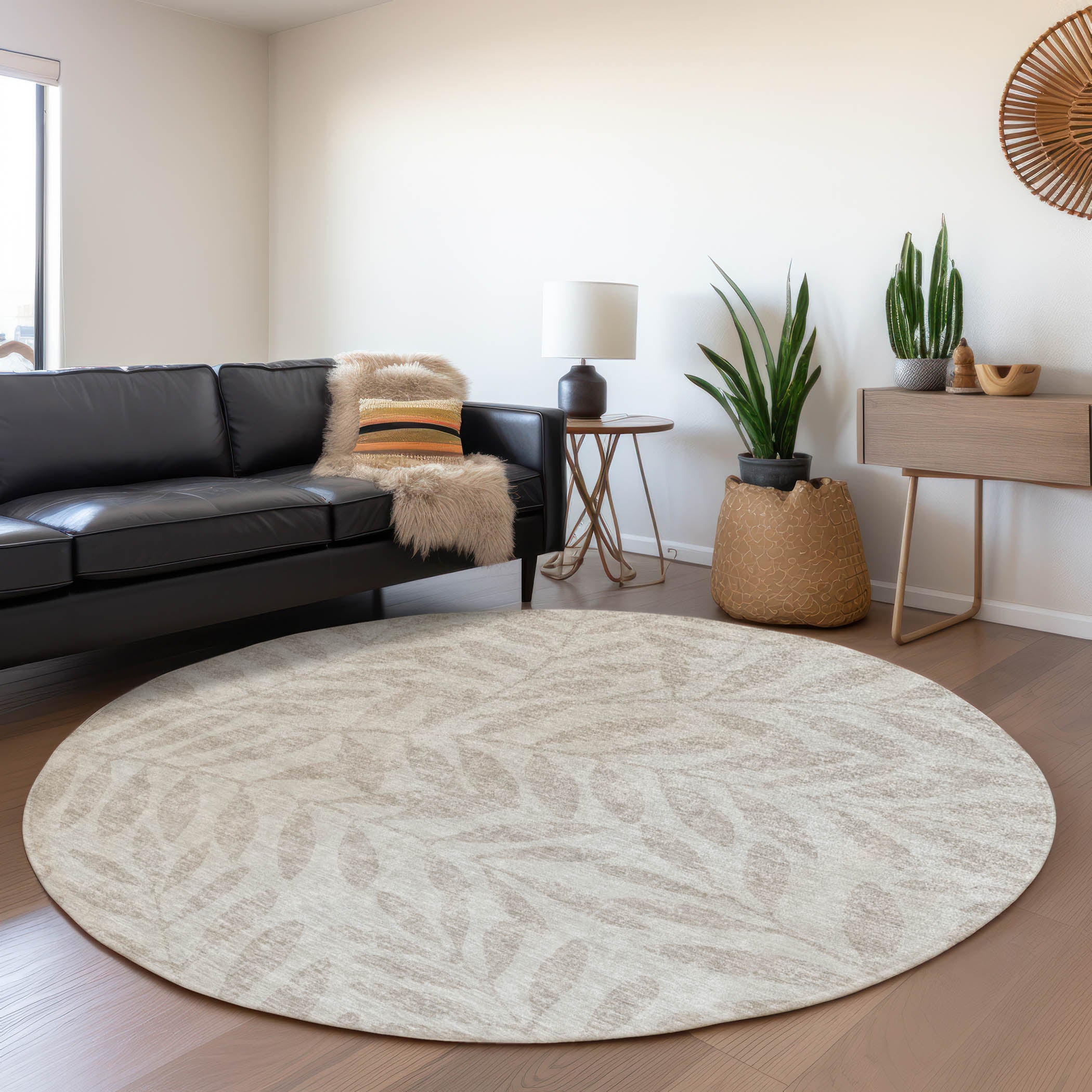 Lima Machine Washable Transitional Taupe Brown Rug 8' x 8' #shape_Round