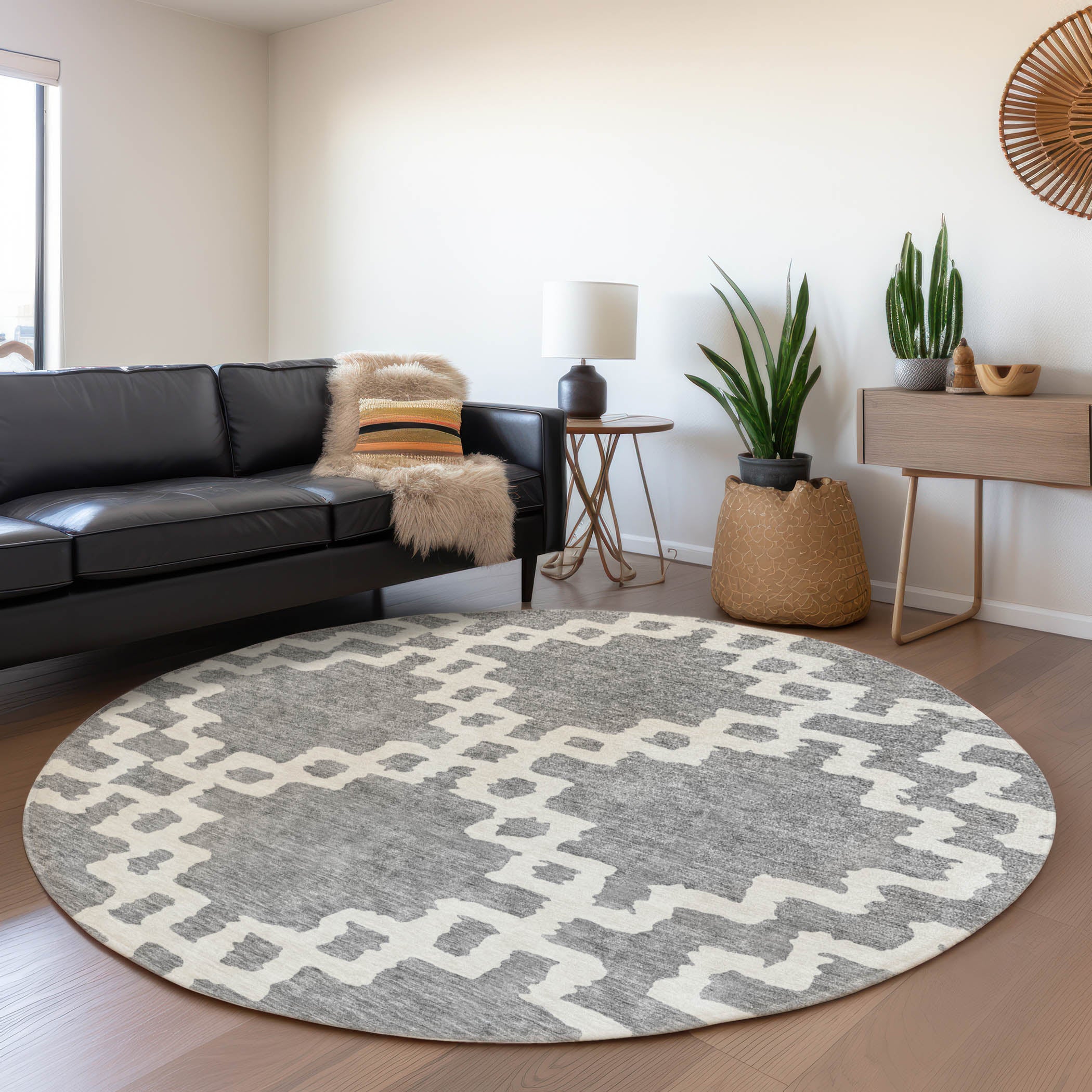 Budapest Machine Washable Transitional Gray Rug 8' x 8' #shape_Round