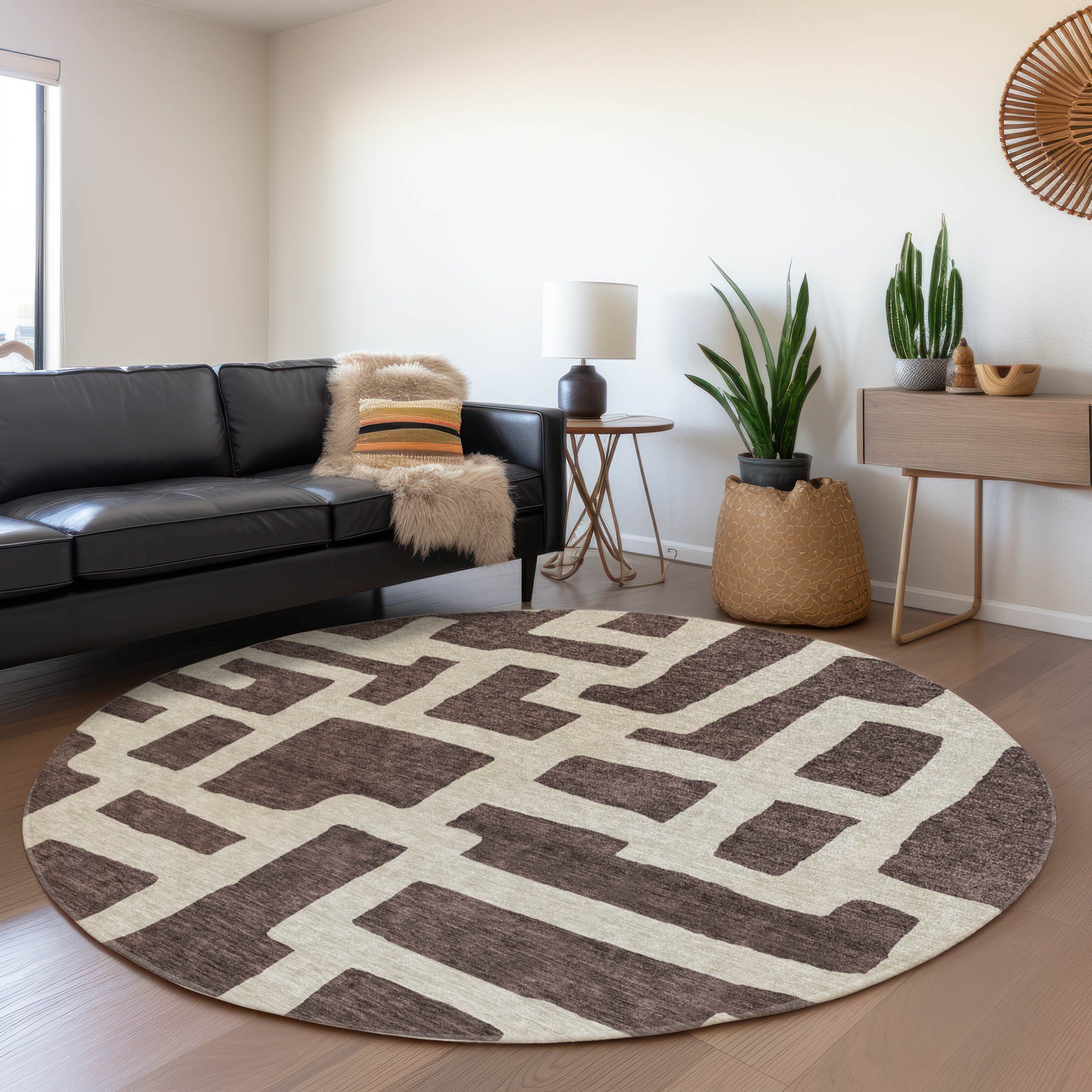 Bern Machine Washable Transitional Fudge Brown Rug 8' x 8' #shape_Round