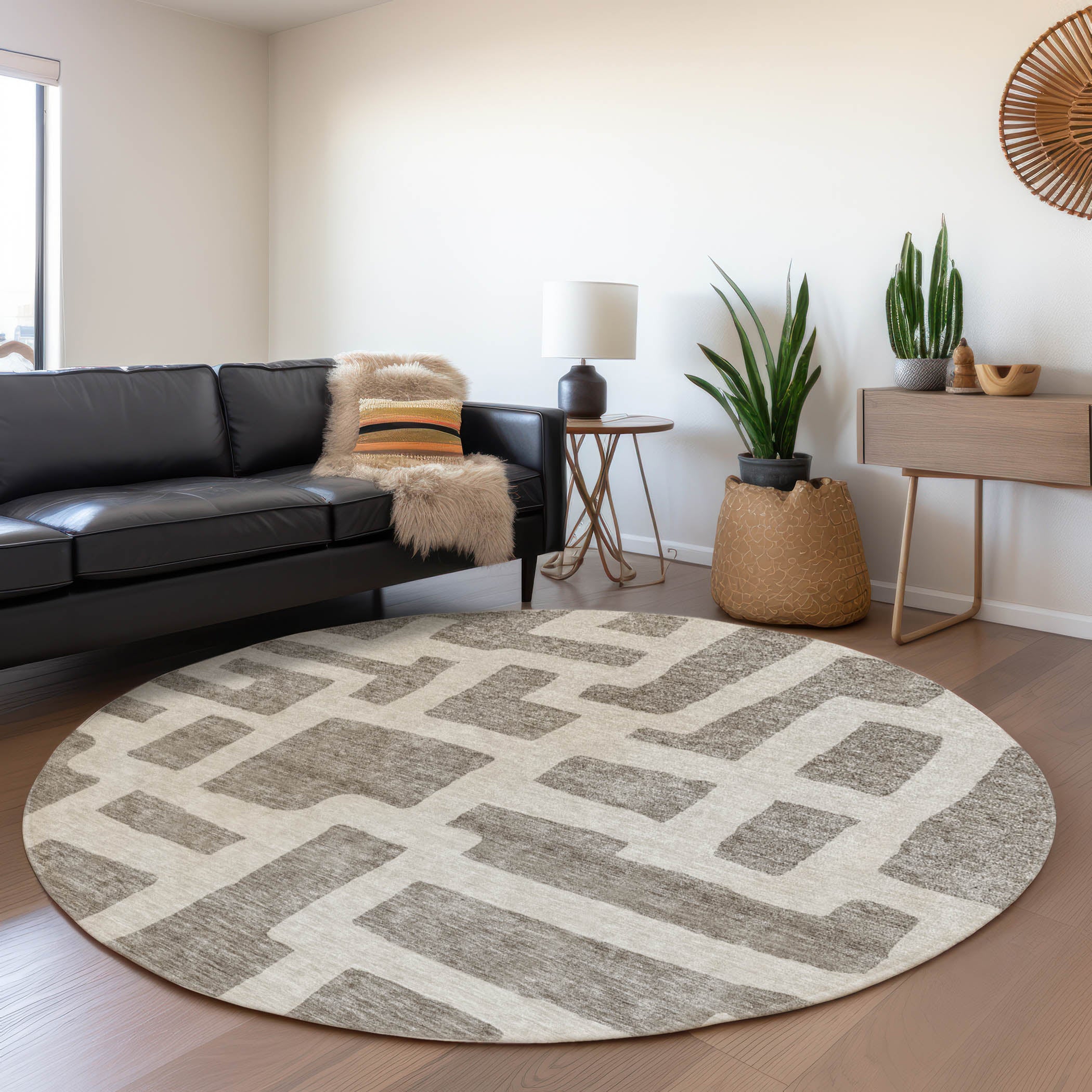 Bern Machine Washable Transitional Taupe Brown Rug 8' x 8' #shape_Round