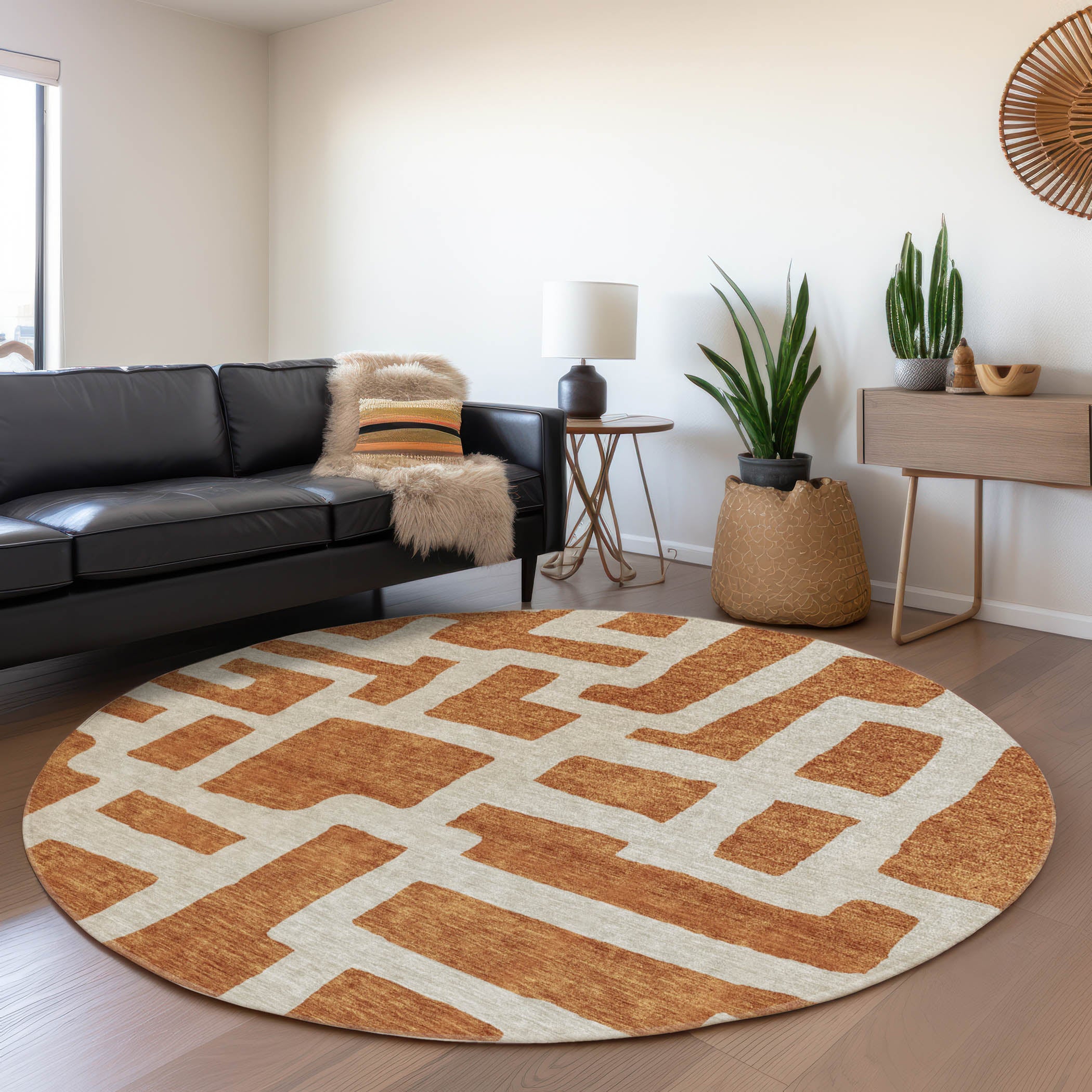 Bern Machine Washable Transitional Terracotta Orange Rug 8' x 8' #shape_Round