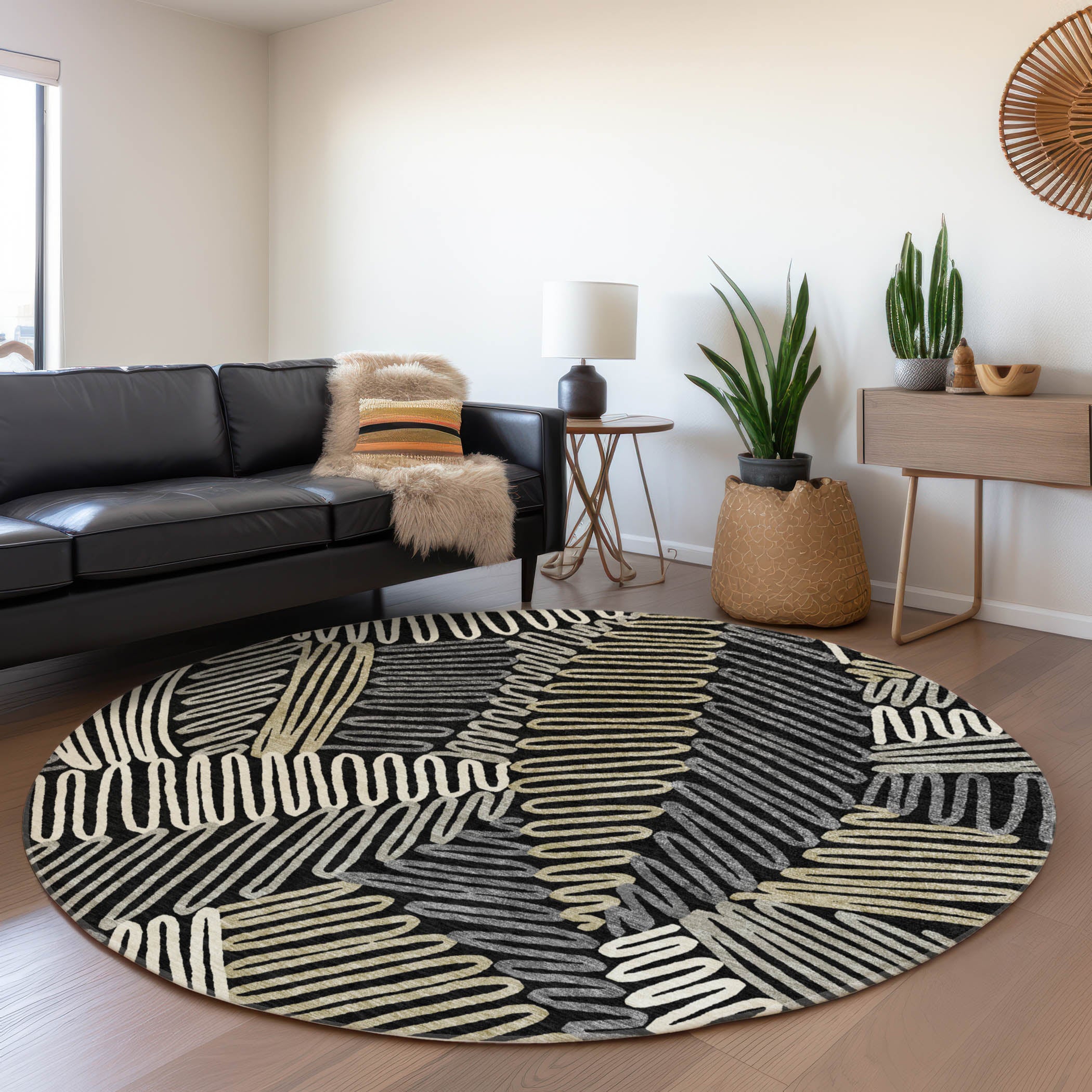 Istanbul Machine Washable Transitional Black Rug 8' x 8' #shape_Round