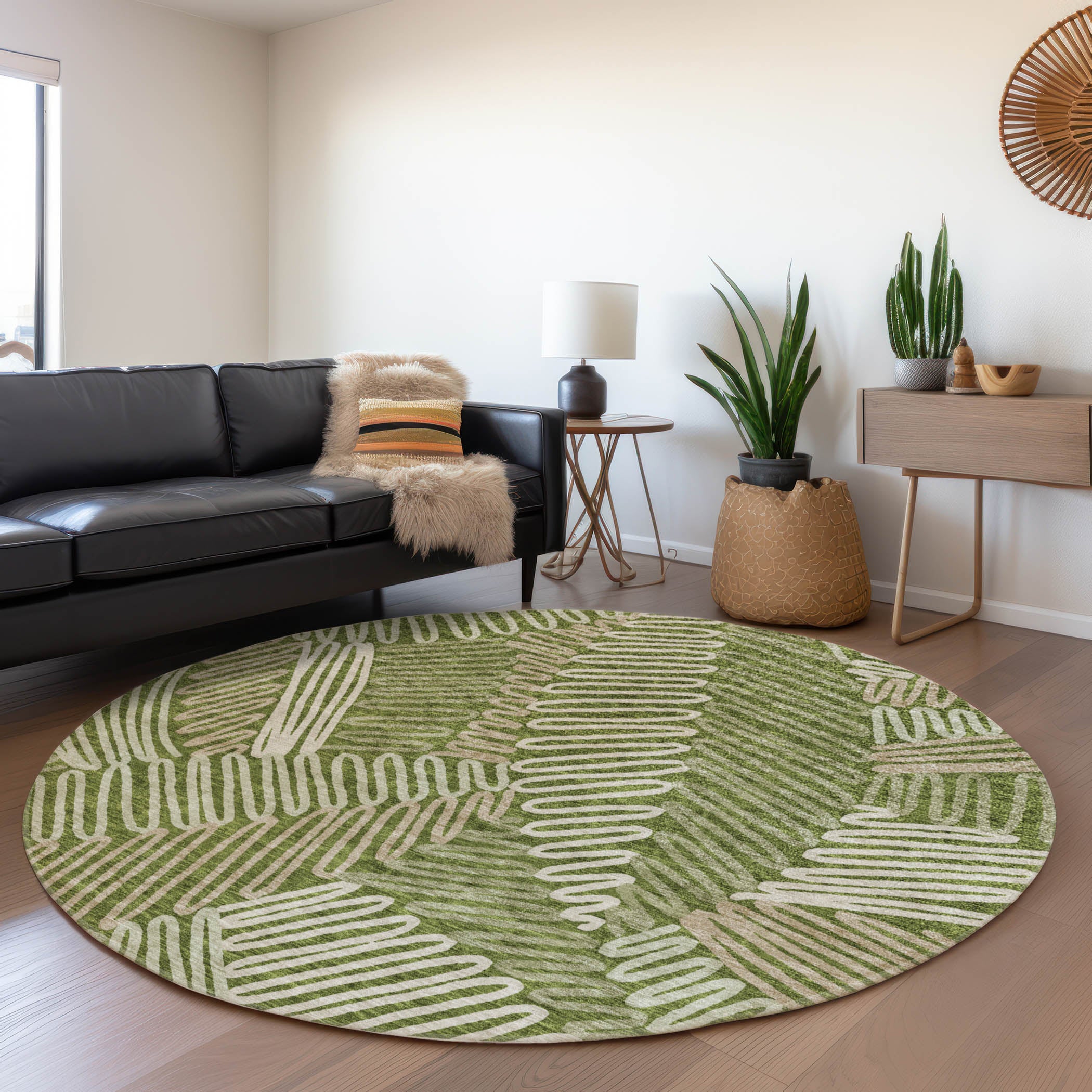 Istanbul Machine Washable Transitional Olive Green Rug 8' x 8' #shape_Round