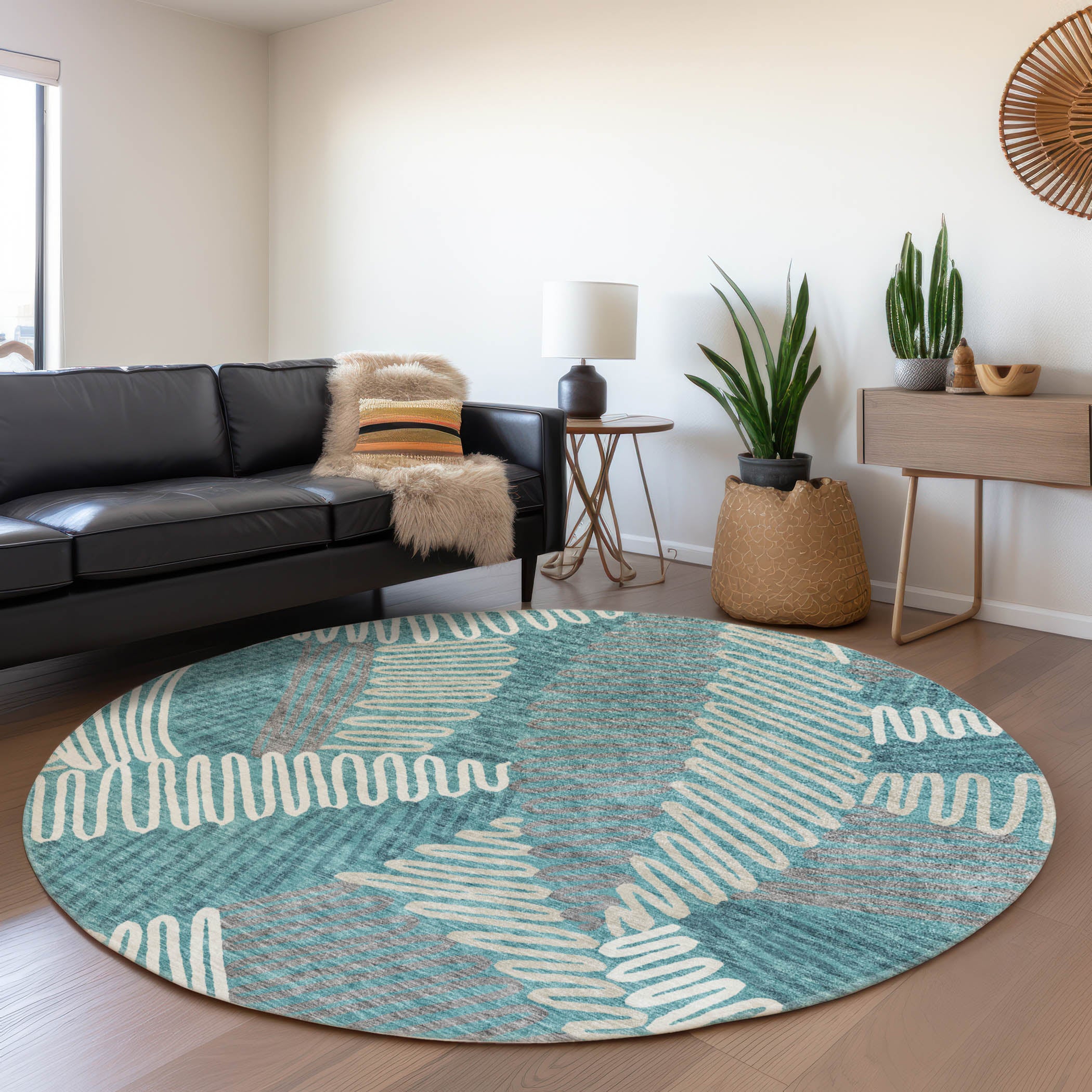 Istanbul Machine Washable Transitional Teal Rug 8' x 8' #shape_Round