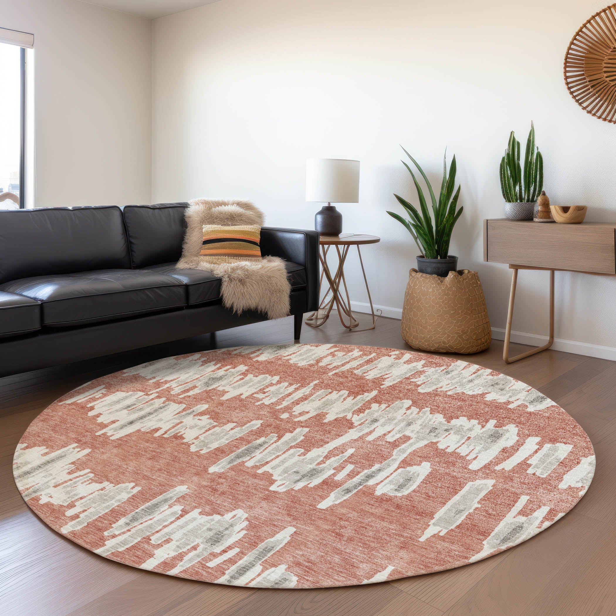 Dubrovnik Machine Washable Transitional Salmon Orange Rug 8' x 8' #shape_Round