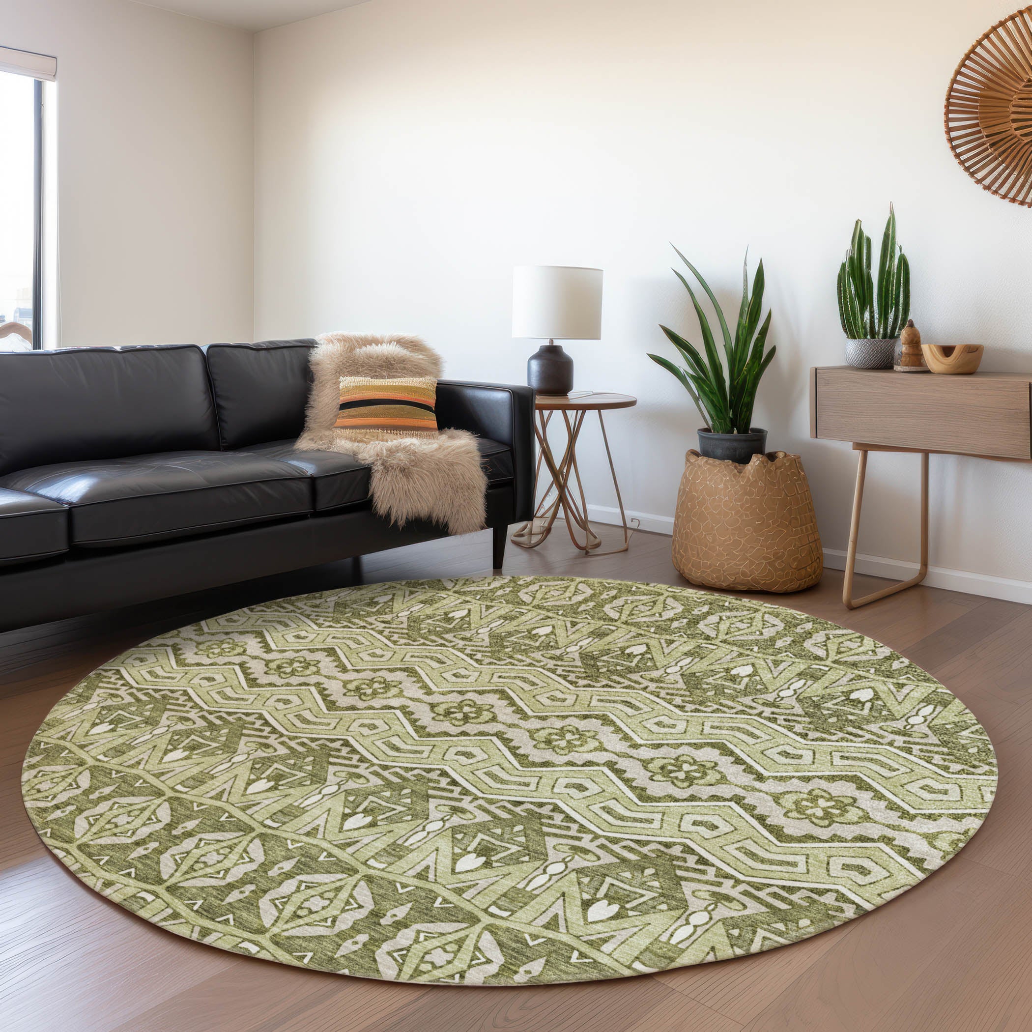 Antigua Machine Washable Transitional Aloe Green Rug 8' x 8' #shape_Round