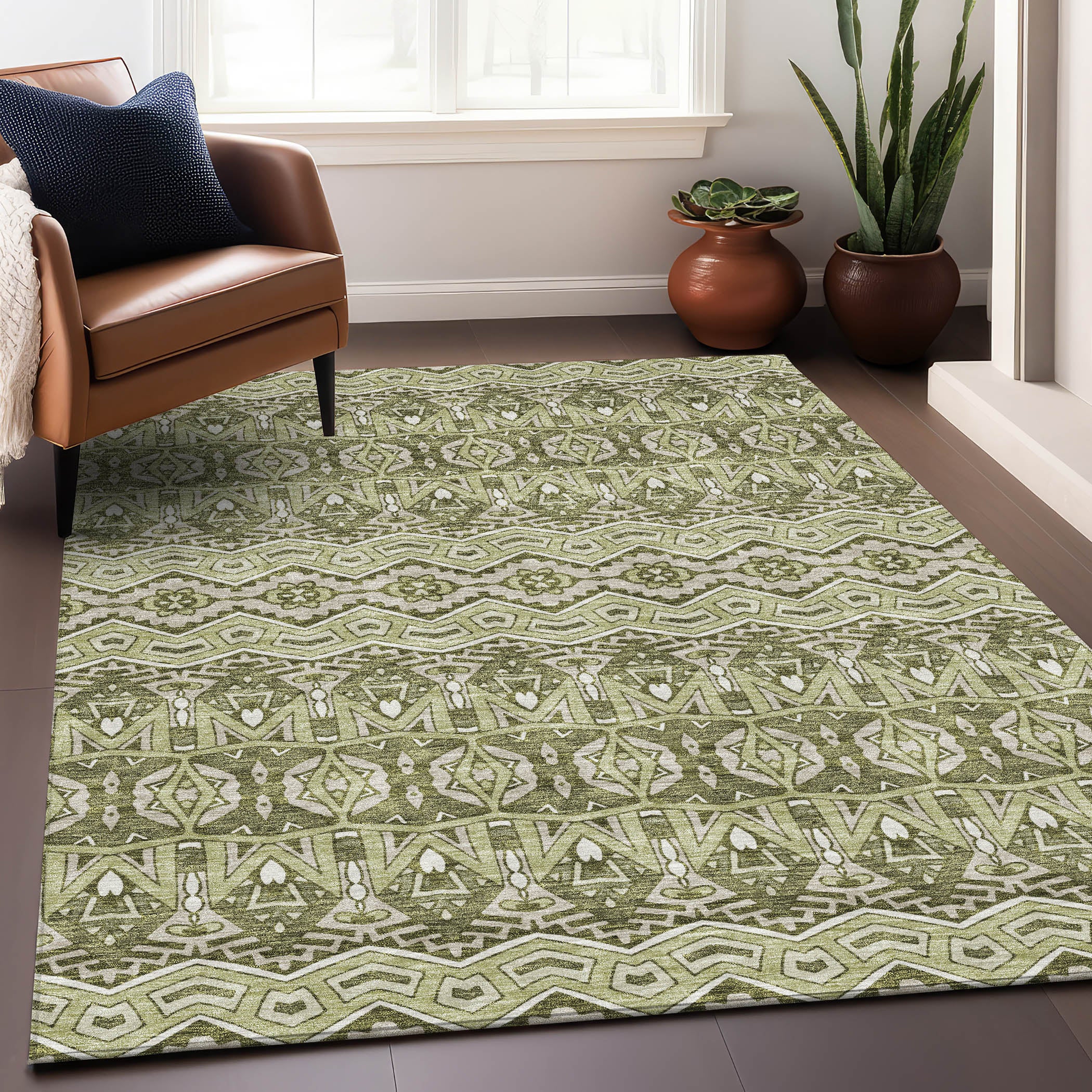 Antigua Machine Washable Transitional Aloe Green Rug 2'6" x 3'10" #shape_Rectangle