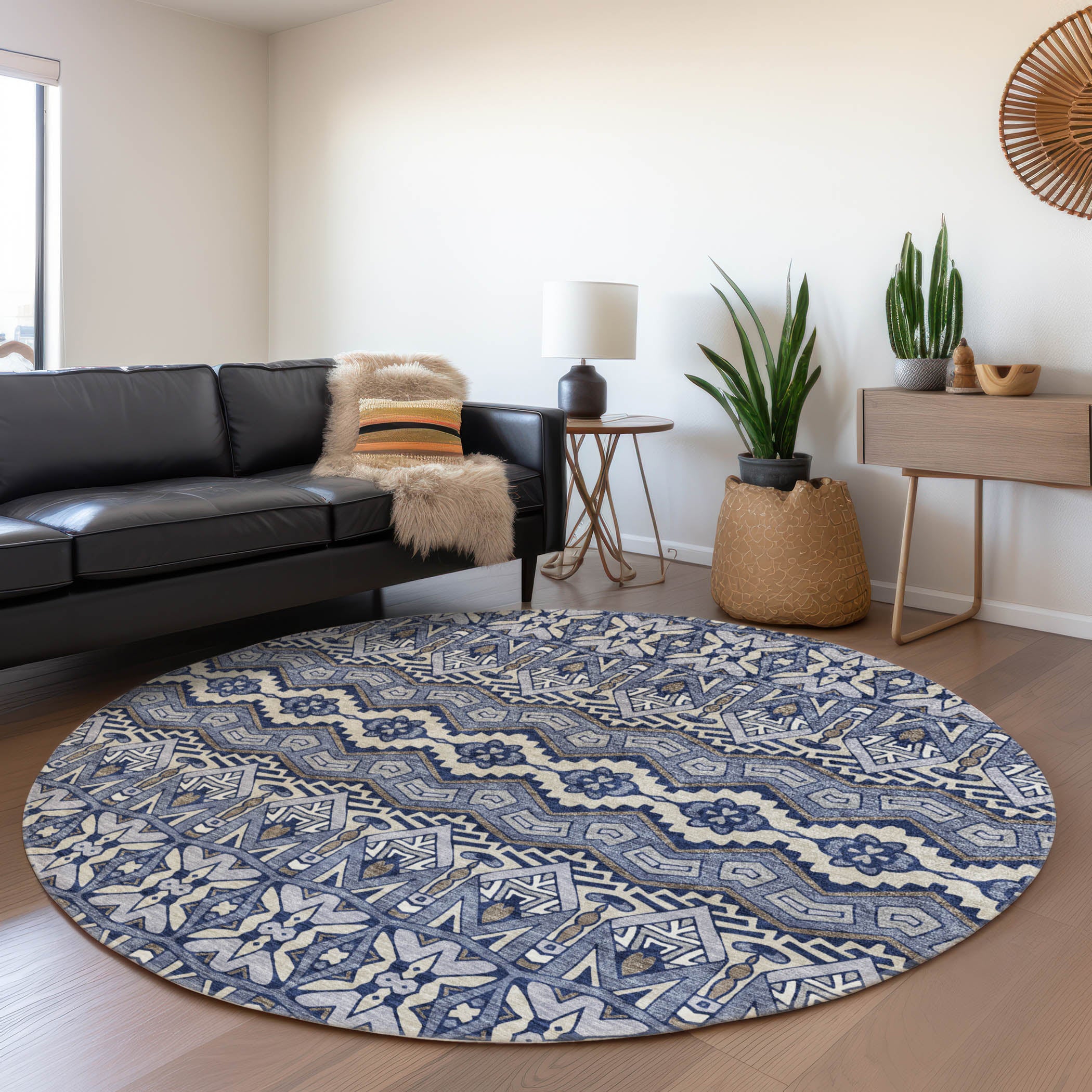 Antigua Machine Washable Transitional Denim Blue Rug 8' x 8' #shape_Round