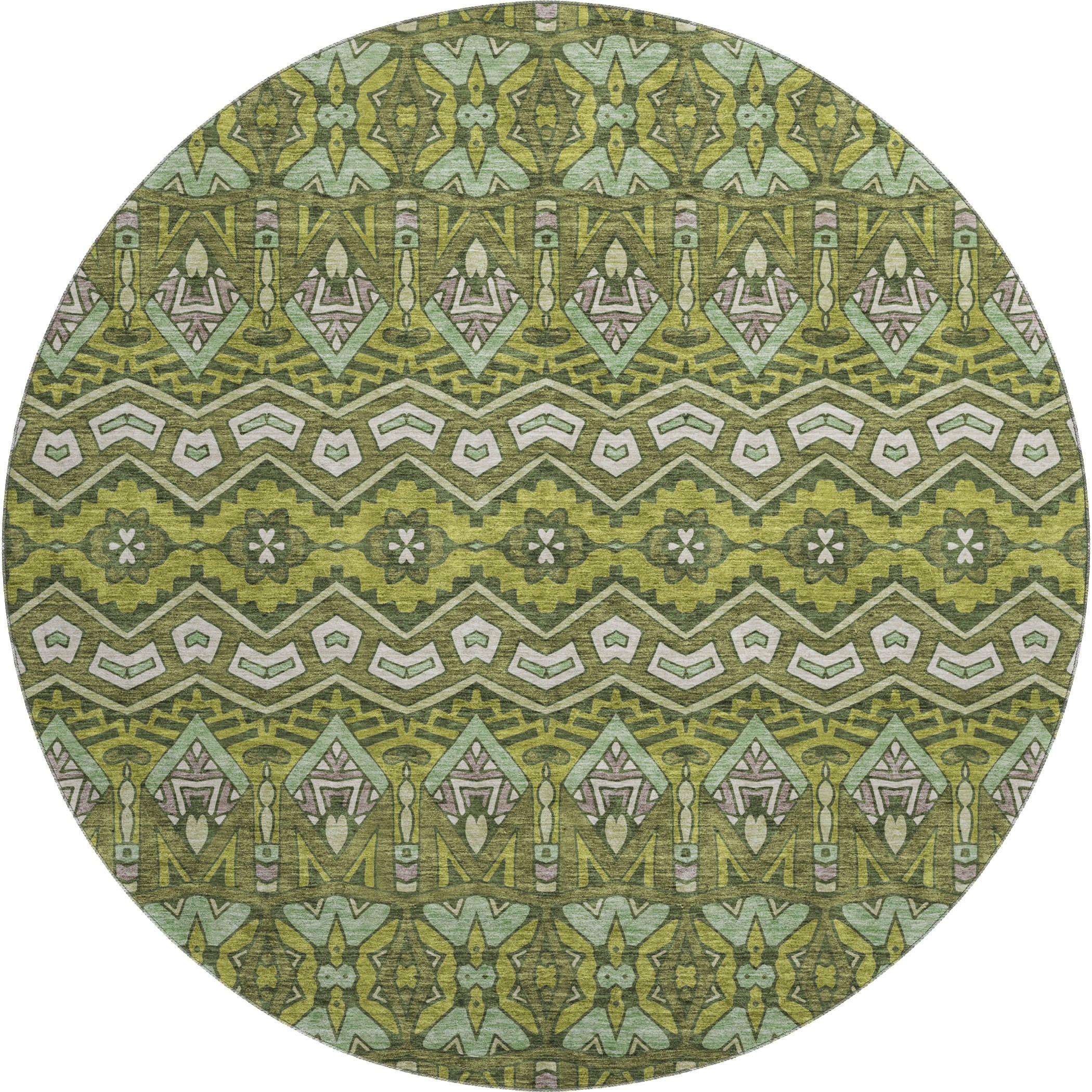 Antigua Machine Washable Transitional Olive Green Rug 8' x 8' #shape_Round