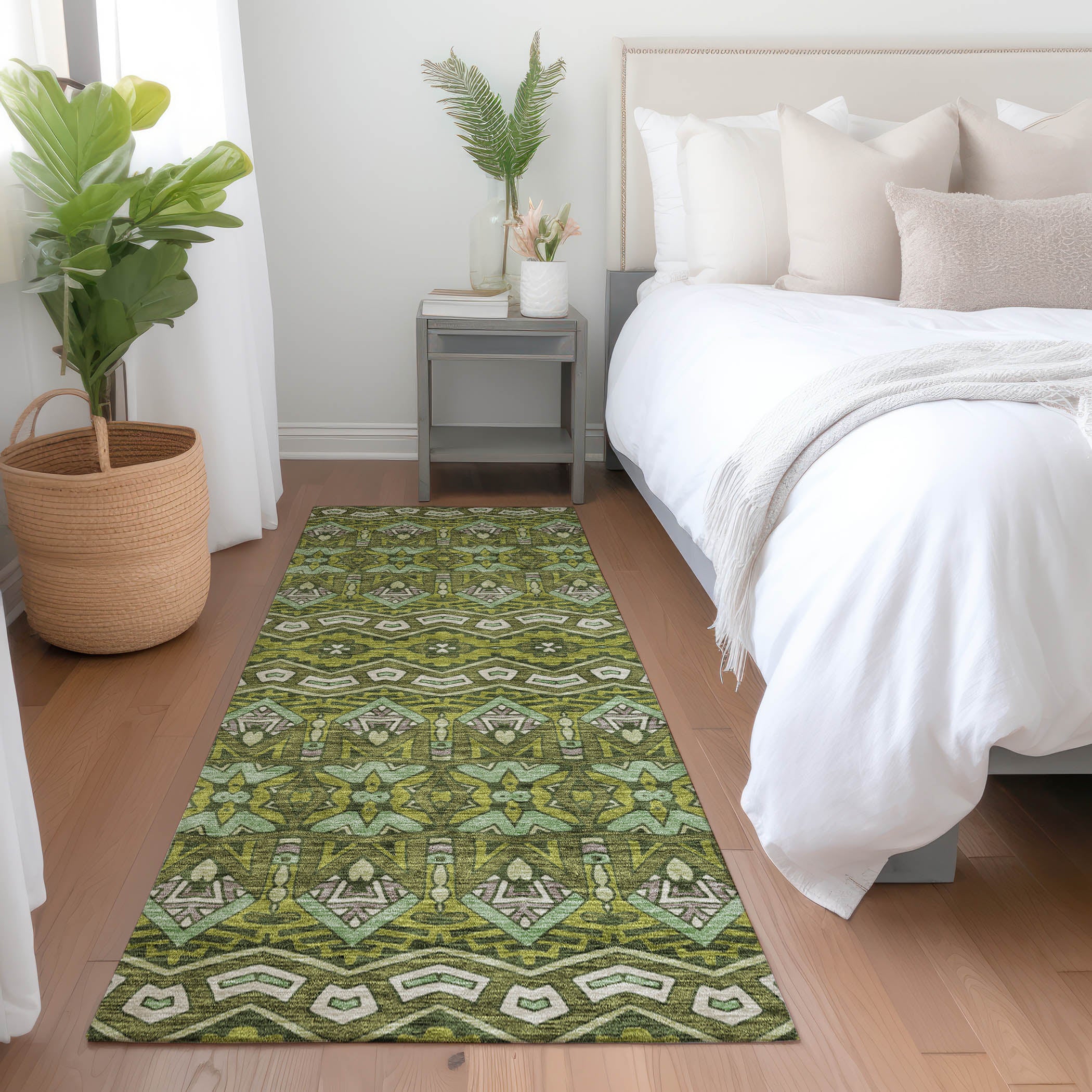 Antigua Machine Washable Transitional Olive Green Rug 2'3" x 7'6" #shape_Runner