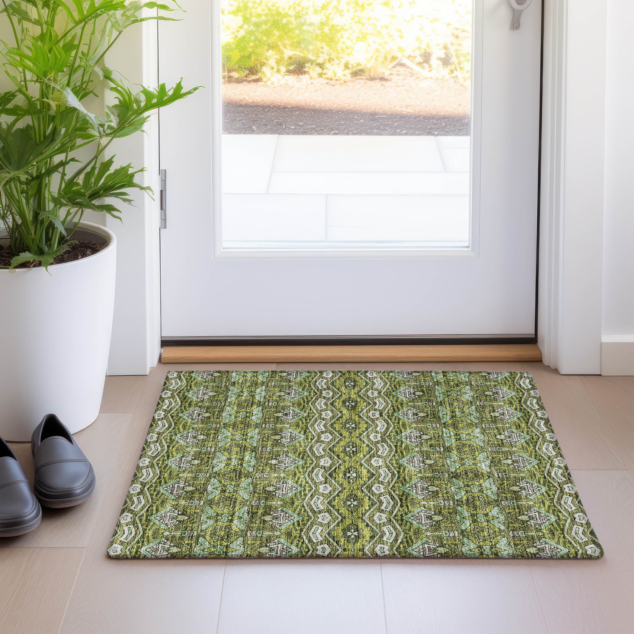 Antigua Machine Washable Transitional Olive Green Rug 1'8" x 2'6" #shape_Rectangle