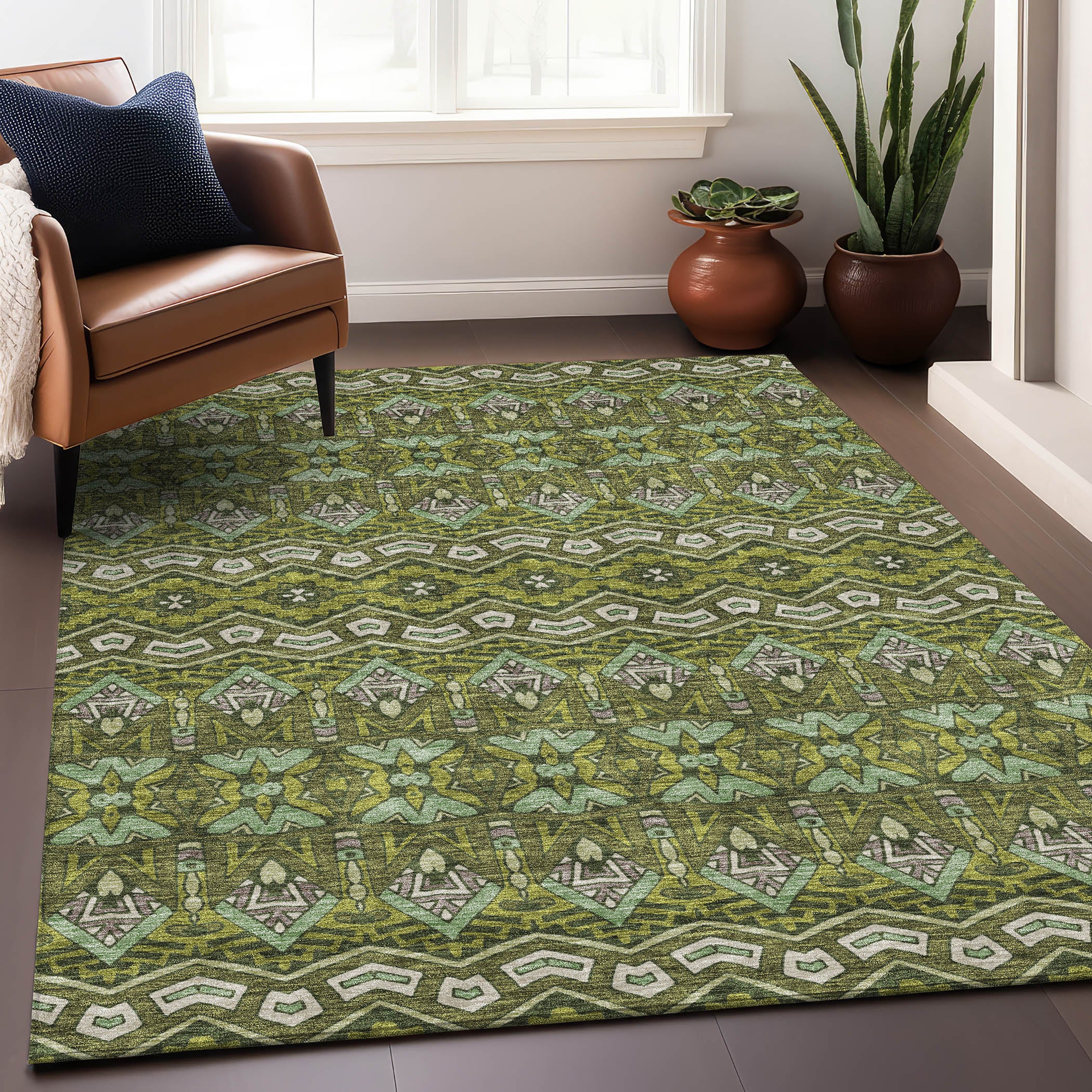 Antigua Machine Washable Transitional Olive Green Rug 2'6" x 3'10" #shape_Rectangle