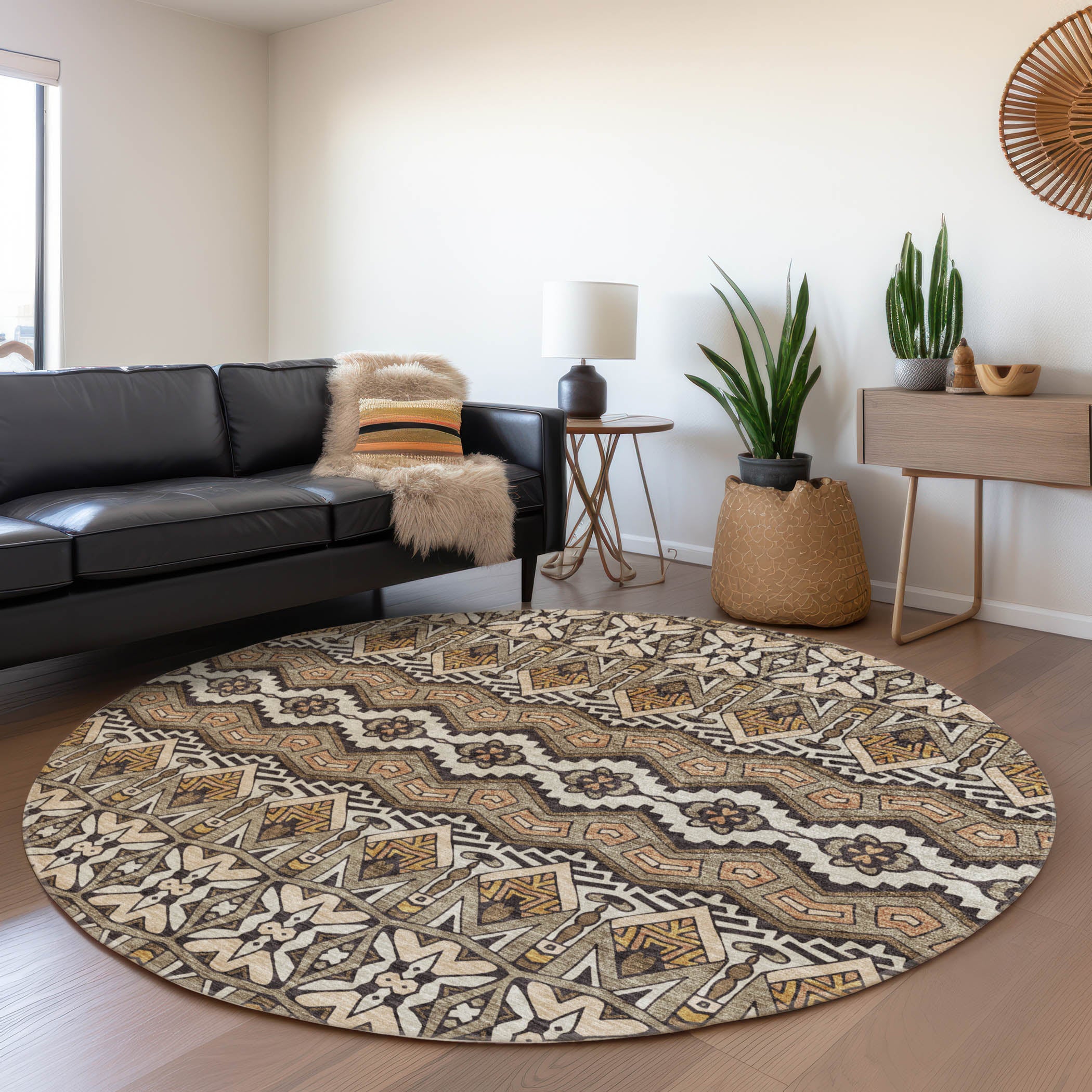 Antigua Machine Washable Transitional Taupe Brown Rug 8' x 8' #shape_Round