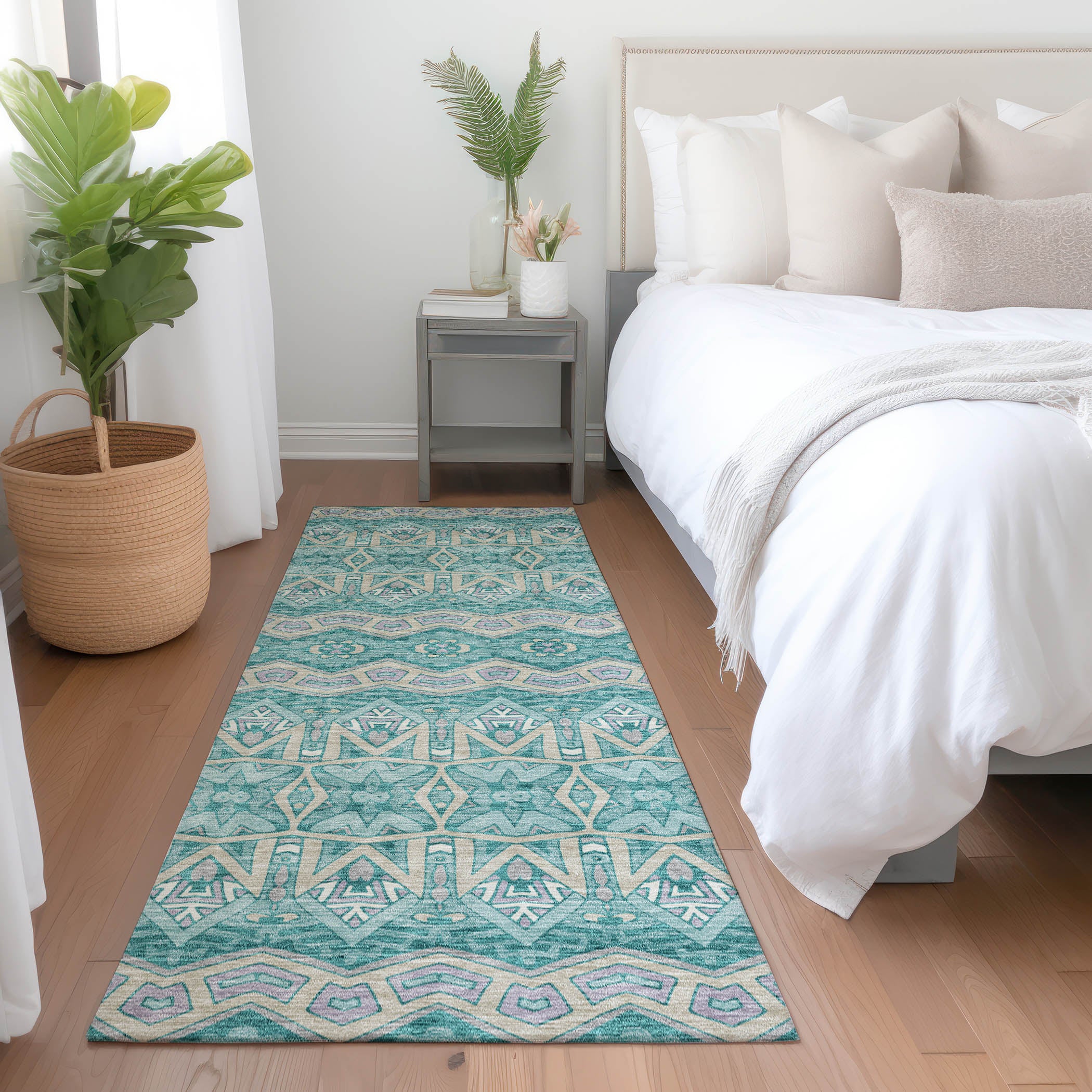 Antigua Machine Washable Transitional Teal Rug 2'3" x 7'6" #shape_Runner
