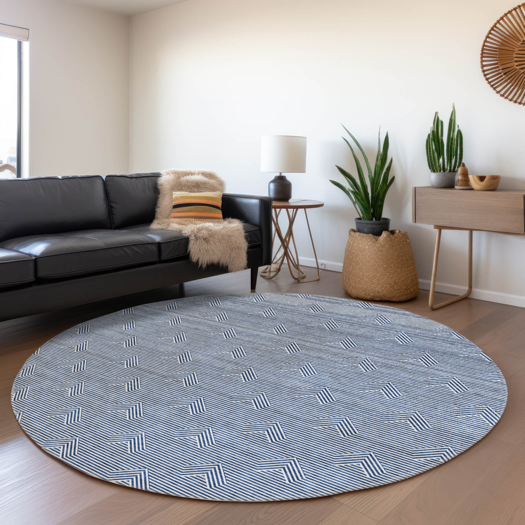 Queenstown Machine Washable Transitional Blue Rug 8' x 8' #shape_Round