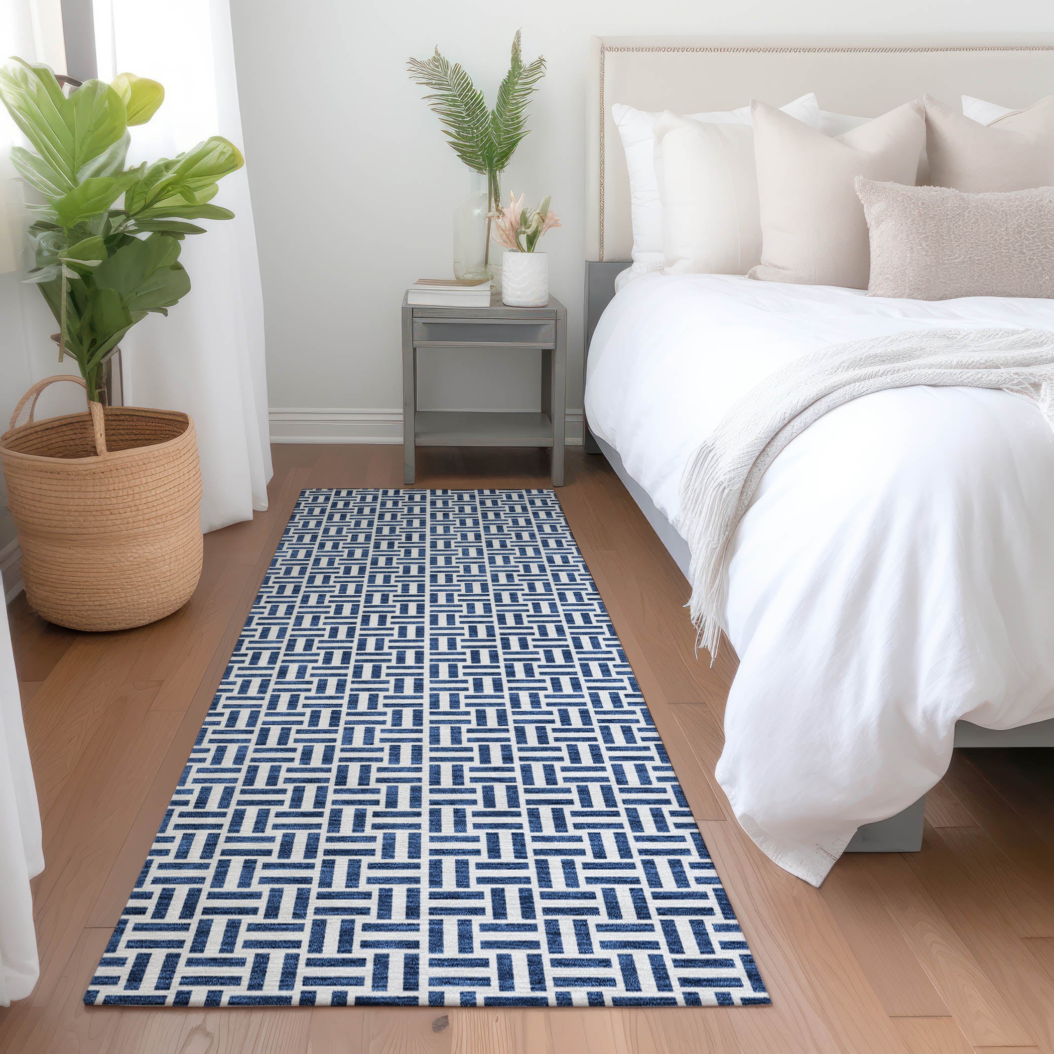 Oaxaca Machine Washable Transitional Navy Blue Rug 2'3" x 7'6" #shape_Runner