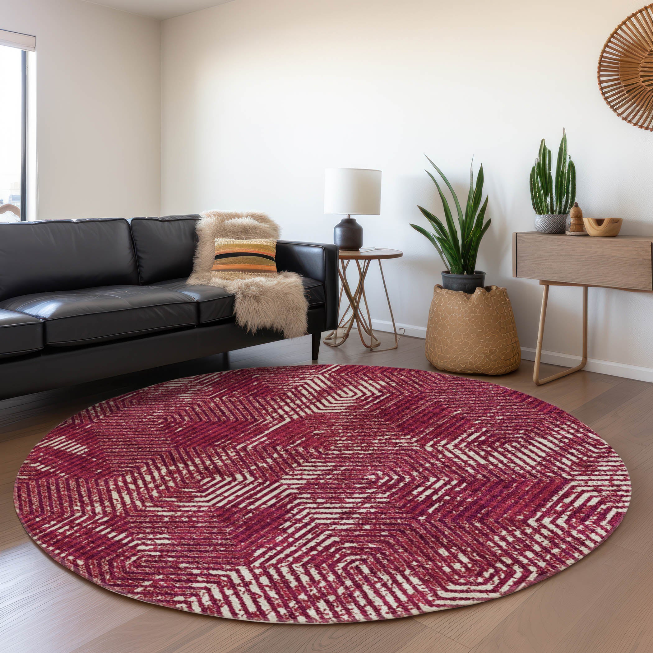 Bern Machine Washable Transitional Burgundy Red Rug 8' x 8' #shape_Round