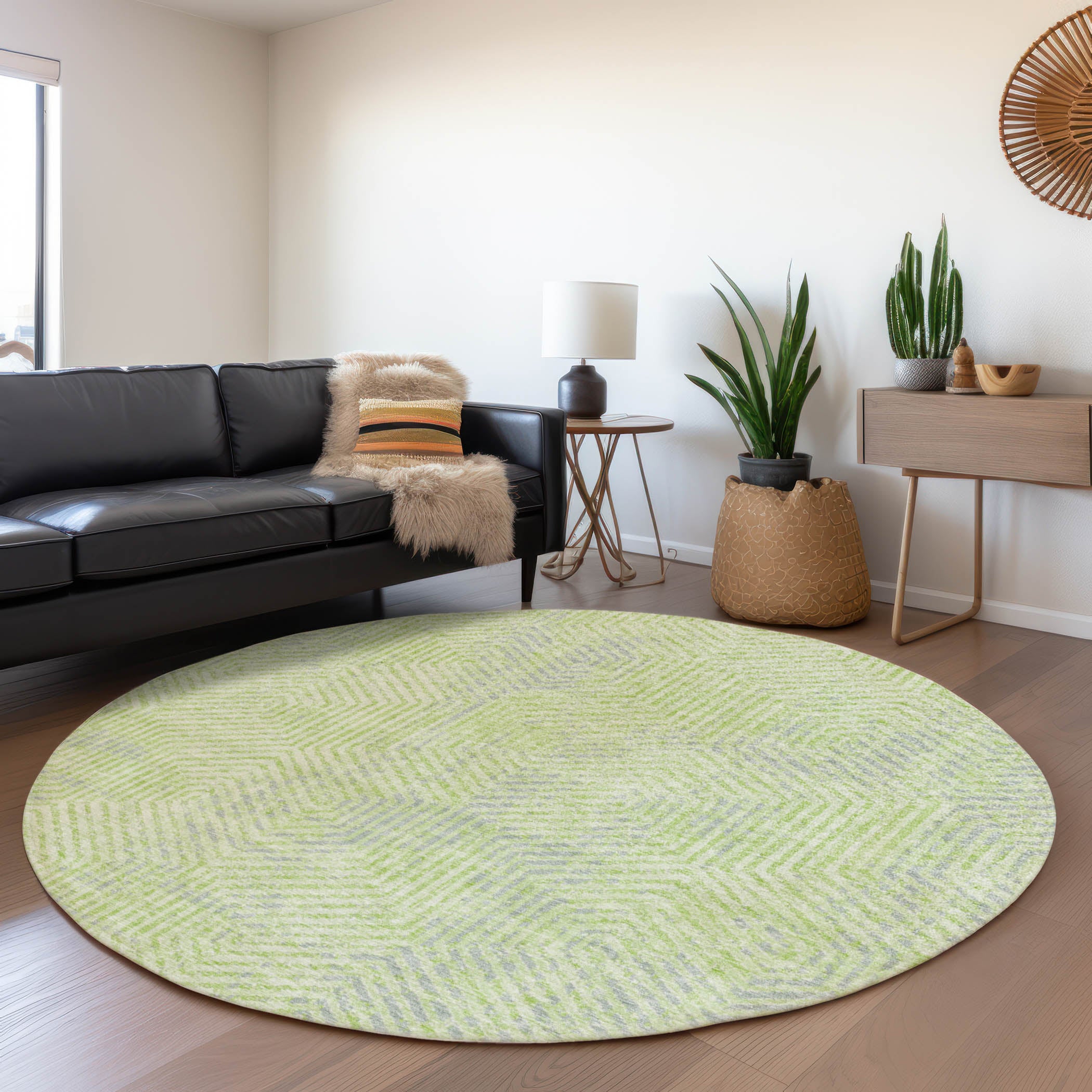 Bern Machine Washable Transitional Lime Green Rug 8' x 8' #shape_Round